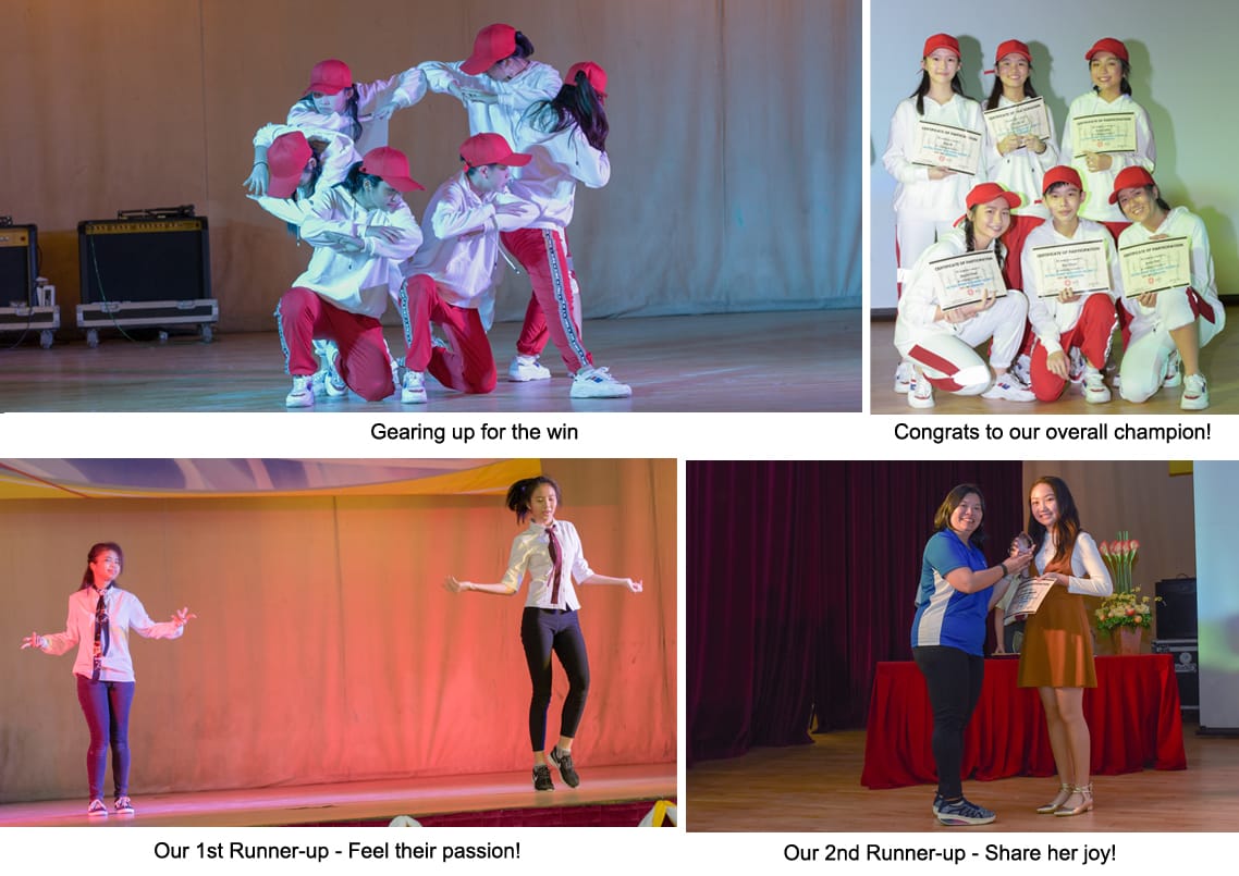 Four-panel collage showing youth performers in red caps dancing, posing with certificates, and receiving awards on stage.