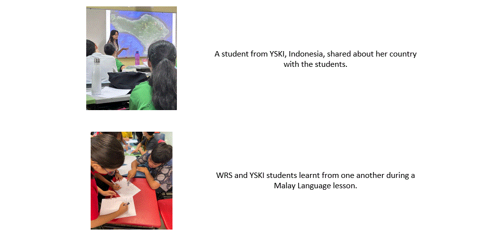 Two classroom photos: a student presenting to peers, and children writing together during a Malay language lesson.