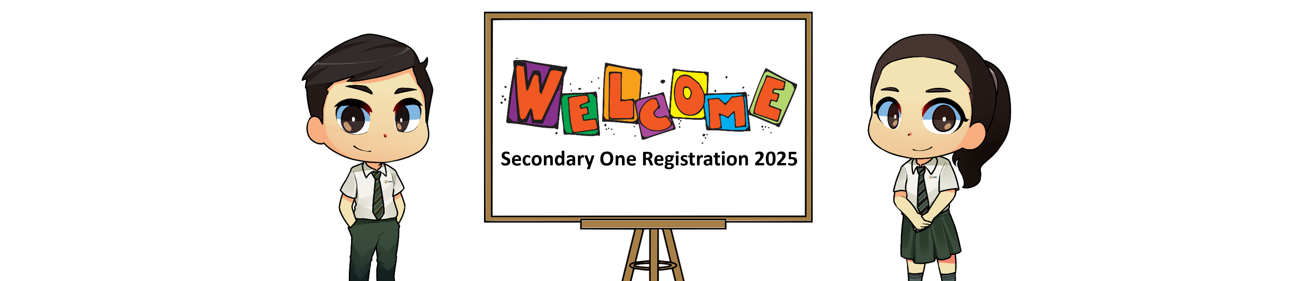 Two cartoon students in uniform flank a board reading Welcome Secondary One Registration 2025.
