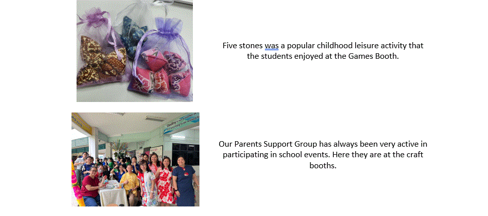 Fabric pouches with patterned cloth pieces for five stones game, and a group of parents posing at craft booths.
