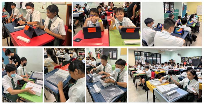 Students in school uniforms work at desks with tablets in a classroom setting across six photos.