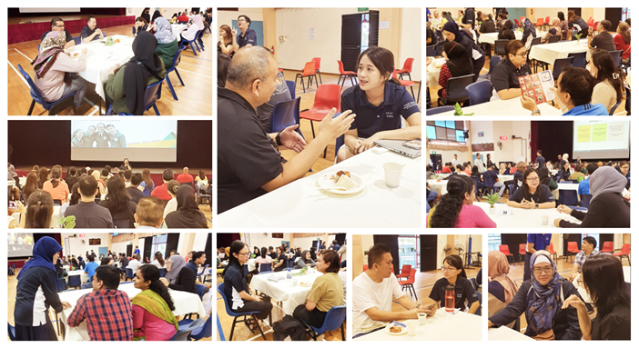 A collage of photos showing a large indoor community event with people seated at tables talking and watching a presentation.