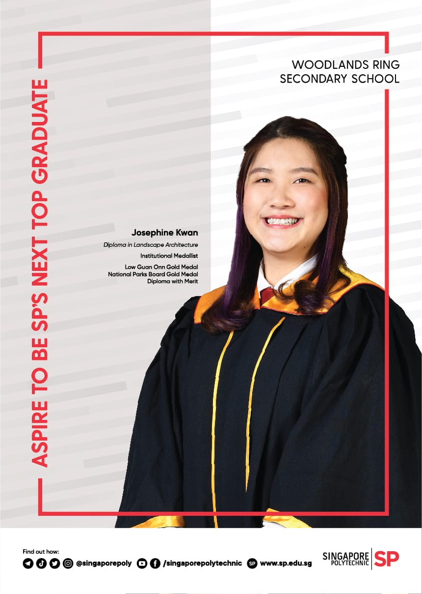 Smiling young woman named Josephine Kwan in black and gold graduation gown on a Singapore Polytechnic promotional poster.