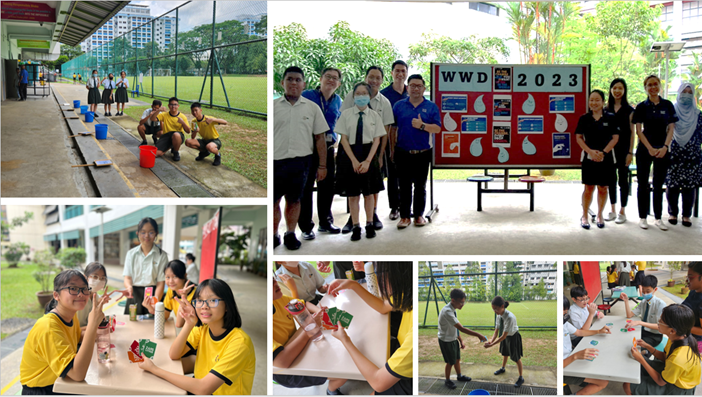 Students and adults at a WWD 2023 school event, shown in five photos with outdoor activities and a display board.