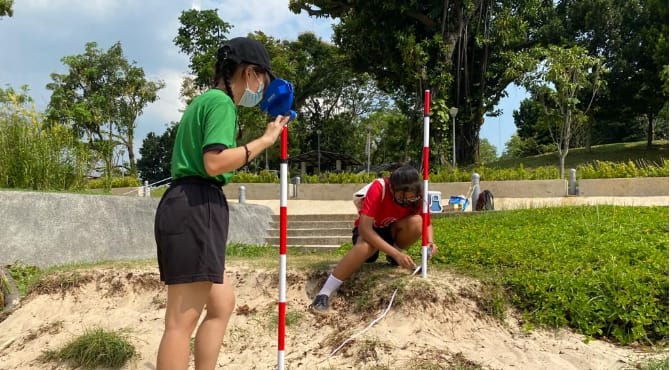 Two masked people work outdoors near a red and white surveying pole on sandy ground beside a grassy park area.