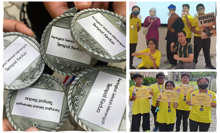 Silver medals labeled Tempat Kedua beside two group photos of students in yellow shirts holding certificates.