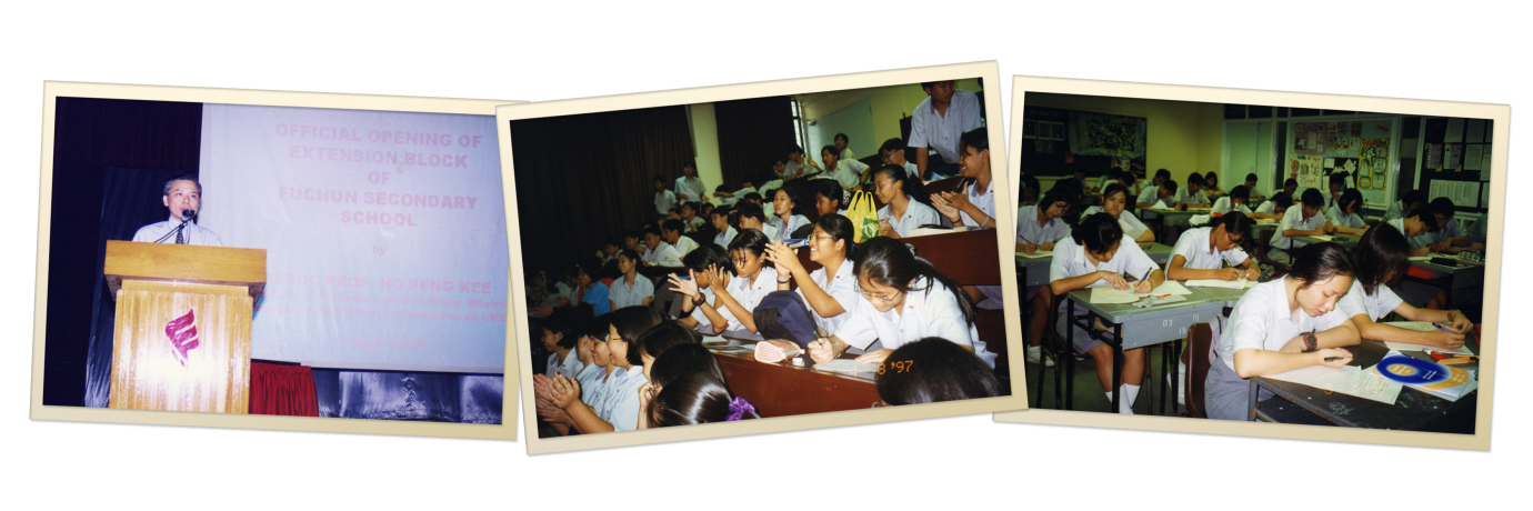 Three vintage school photos: a speaker at podium, students raising hands in assembly, and students writing at desks.