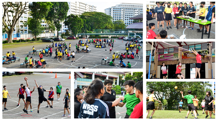 Students participating in various outdoor sports and activities on a school campus, including ball games and group events.
