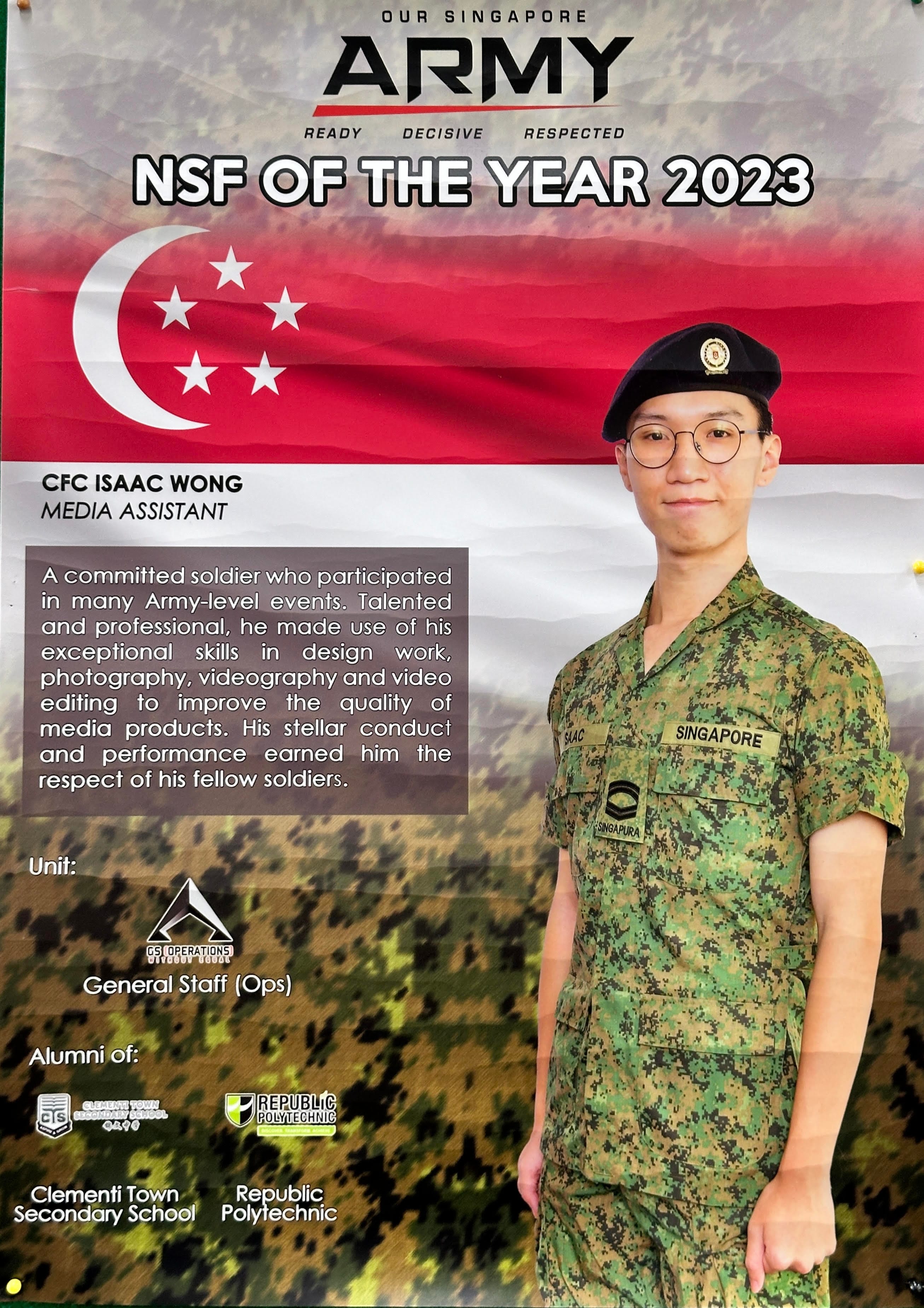 Singapore Army NSF of the Year 2023 poster featuring CFC Isaac Wong in camouflage uniform and black beret.