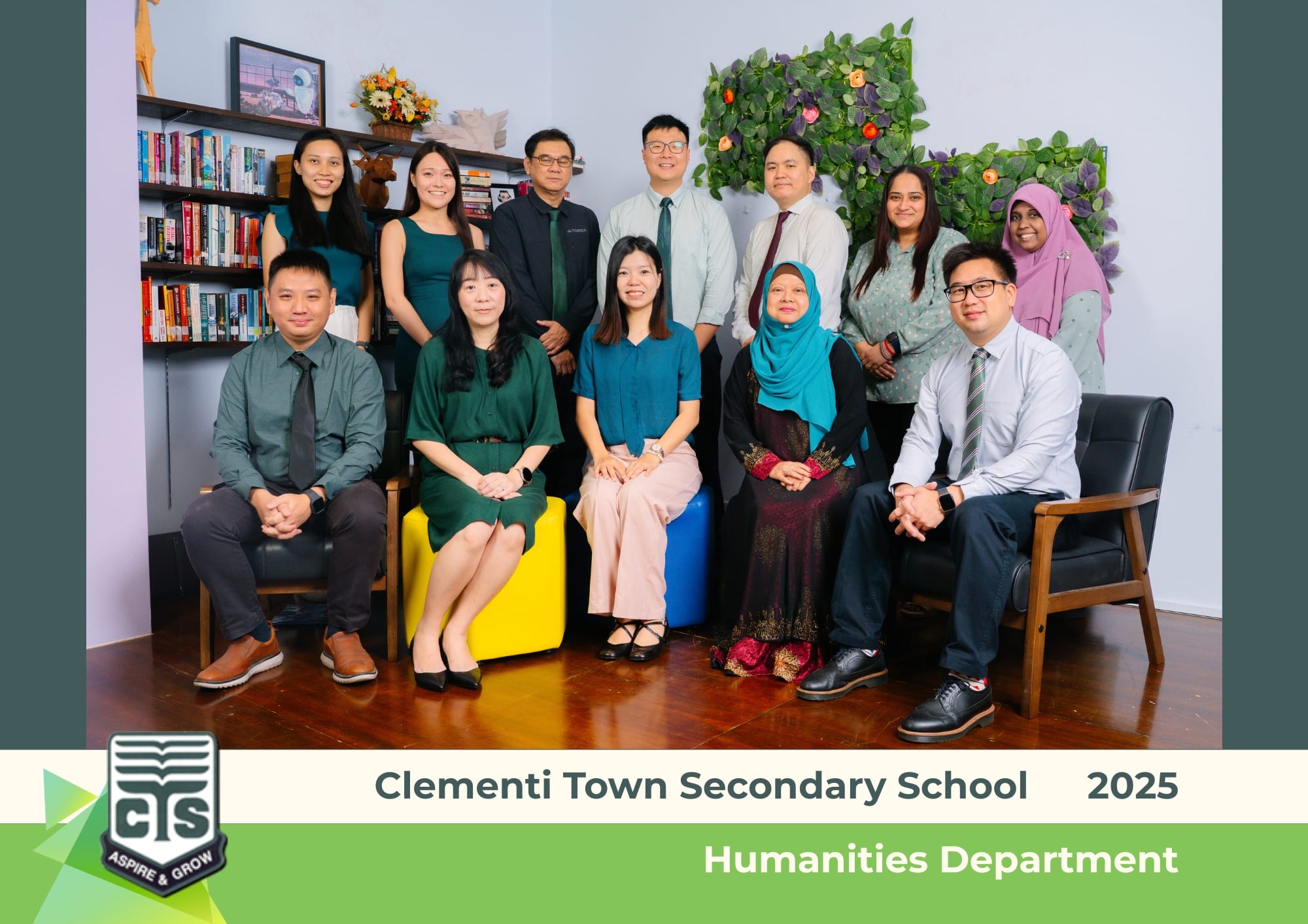 Group photo of 11 staff members from Clementi Town Secondary School Humanities Department, 2025.