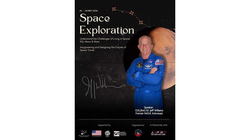 Poster for Space Exploration event May 2024, featuring retired NASA astronaut Dr. Jeff Williams in a blue spacesuit.