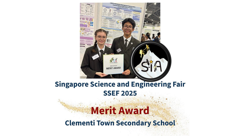 Two students in uniforms hold an SSEF Merit Award certificate at the Singapore Science and Engineering Fair 2025.