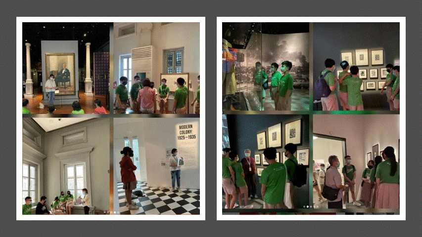 A group of students in green shirts tours a museum, viewing portraits, framed artwork, and exhibits with guides.
