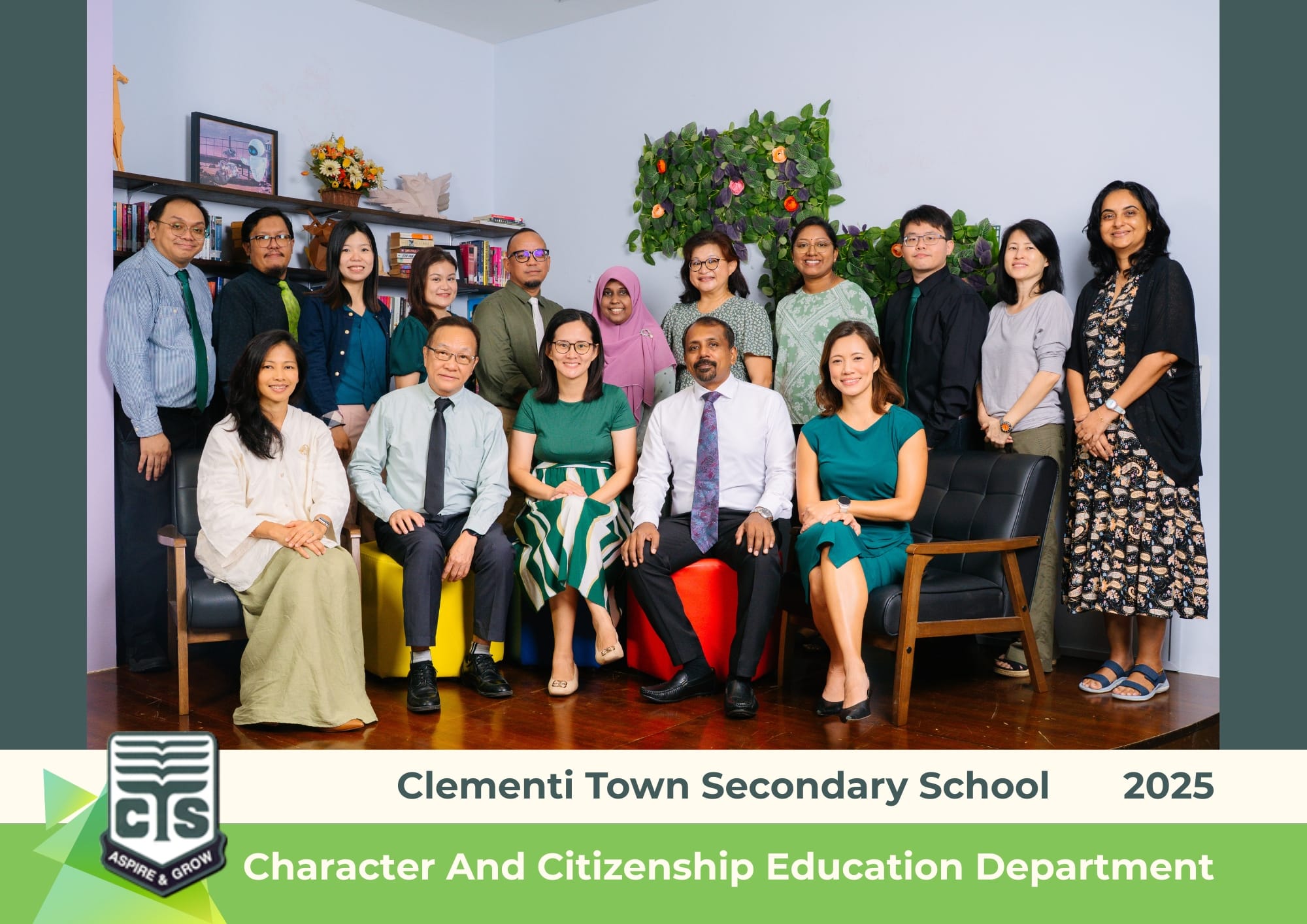 Group photo of about 16 staff from Clementi Town Secondary School's Character and Citizenship Education Department, 2025.