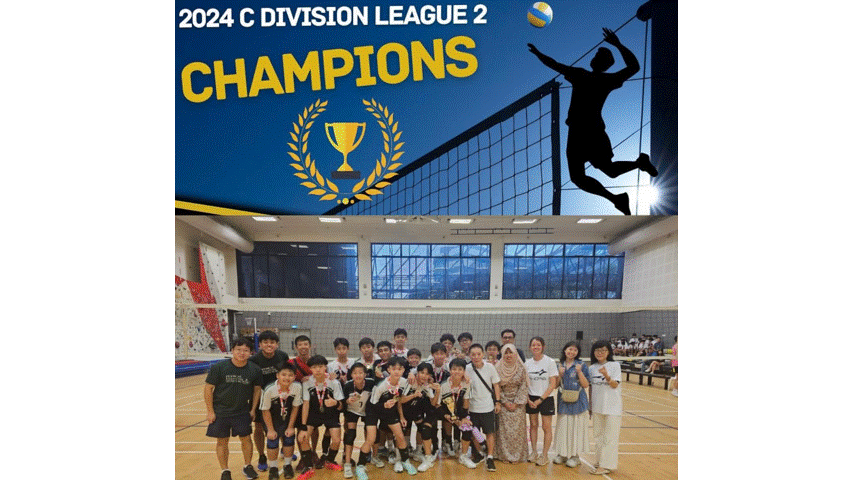 A youth volleyball team poses in a gym under a "2024 C Division League 2 Champions" banner with a trophy graphic.