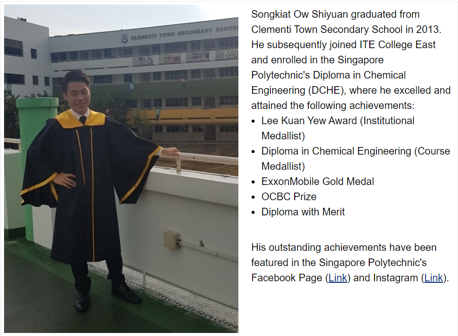 A young man in a black and gold graduation gown stands outside Clementi Town Secondary School.