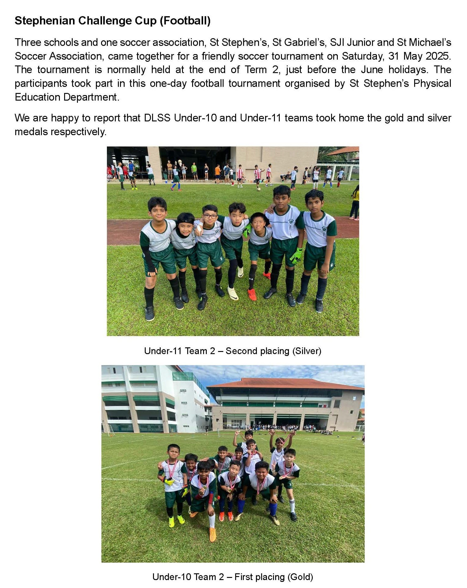 Two youth football team photos on a grass field, captioned silver and gold placements at the Stephenian Challenge Cup.