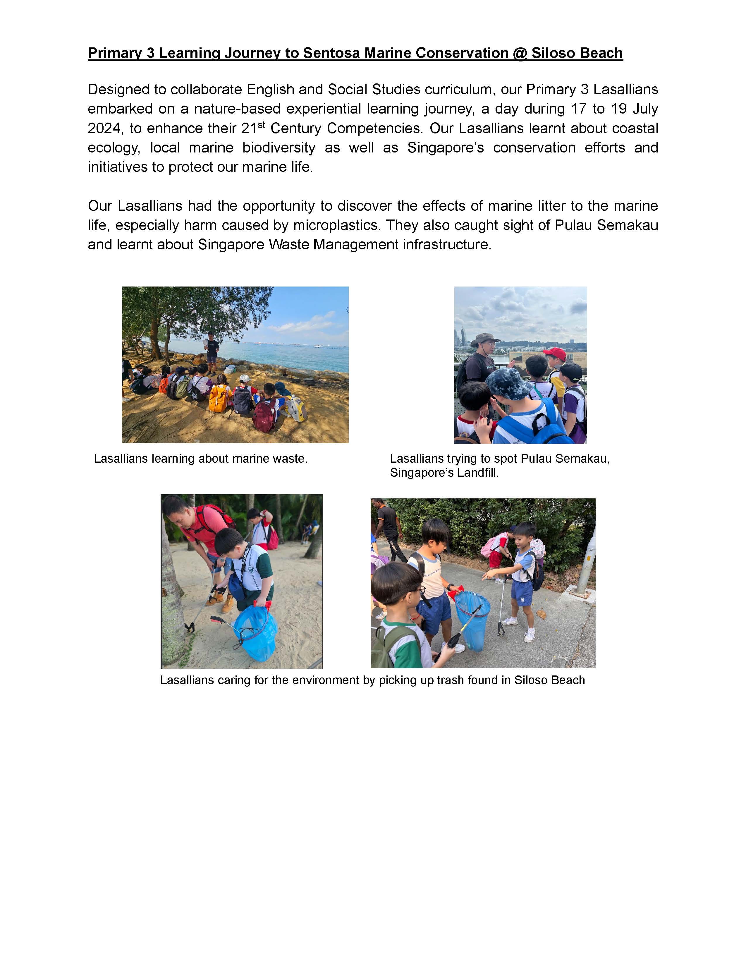 Document about Primary 3 students on a marine conservation trip at Siloso Beach, with four photos of children outdoors.