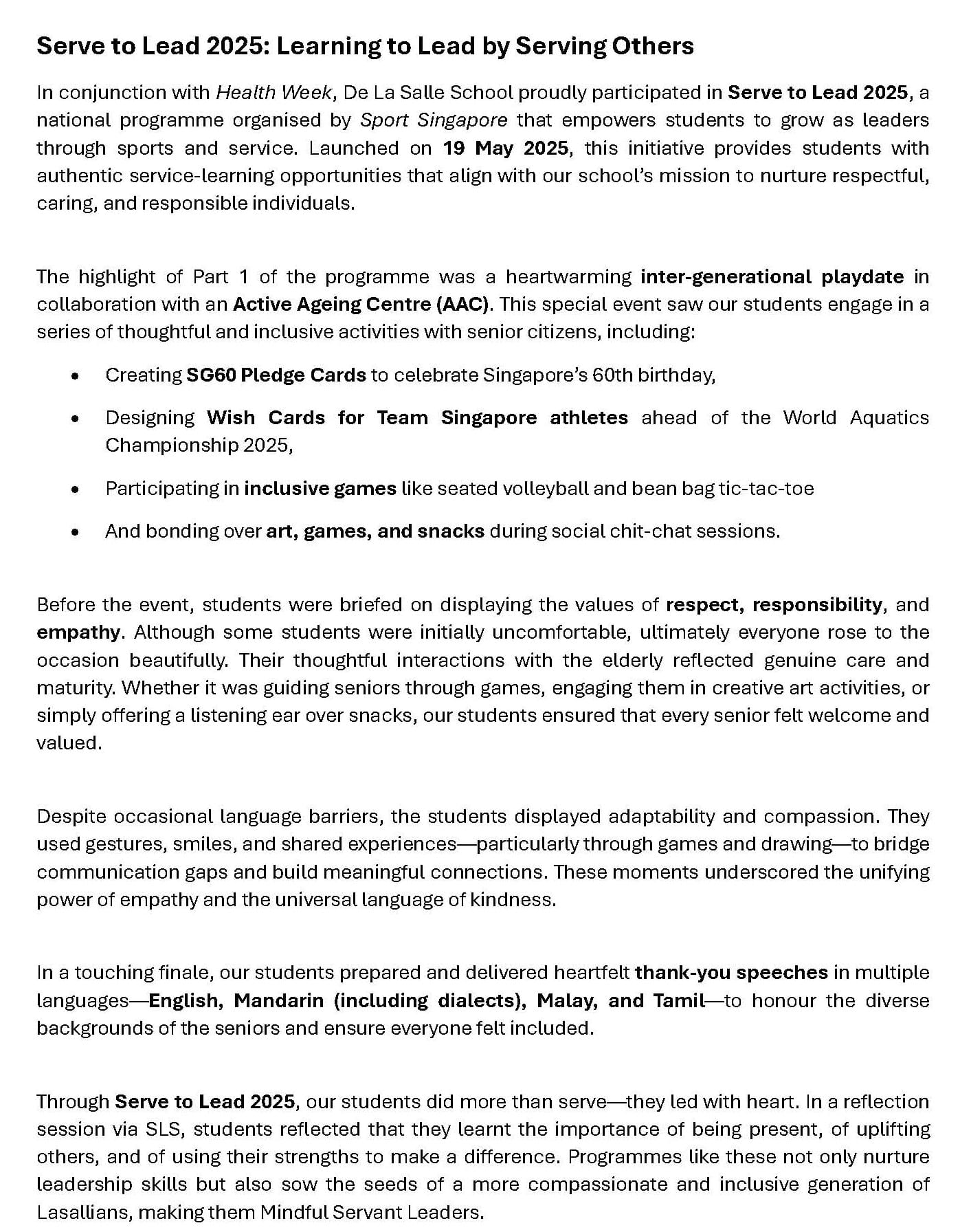 Text article titled Serve to Lead 2025: Learning to Lead by Serving Others, describing a school service-learning event.