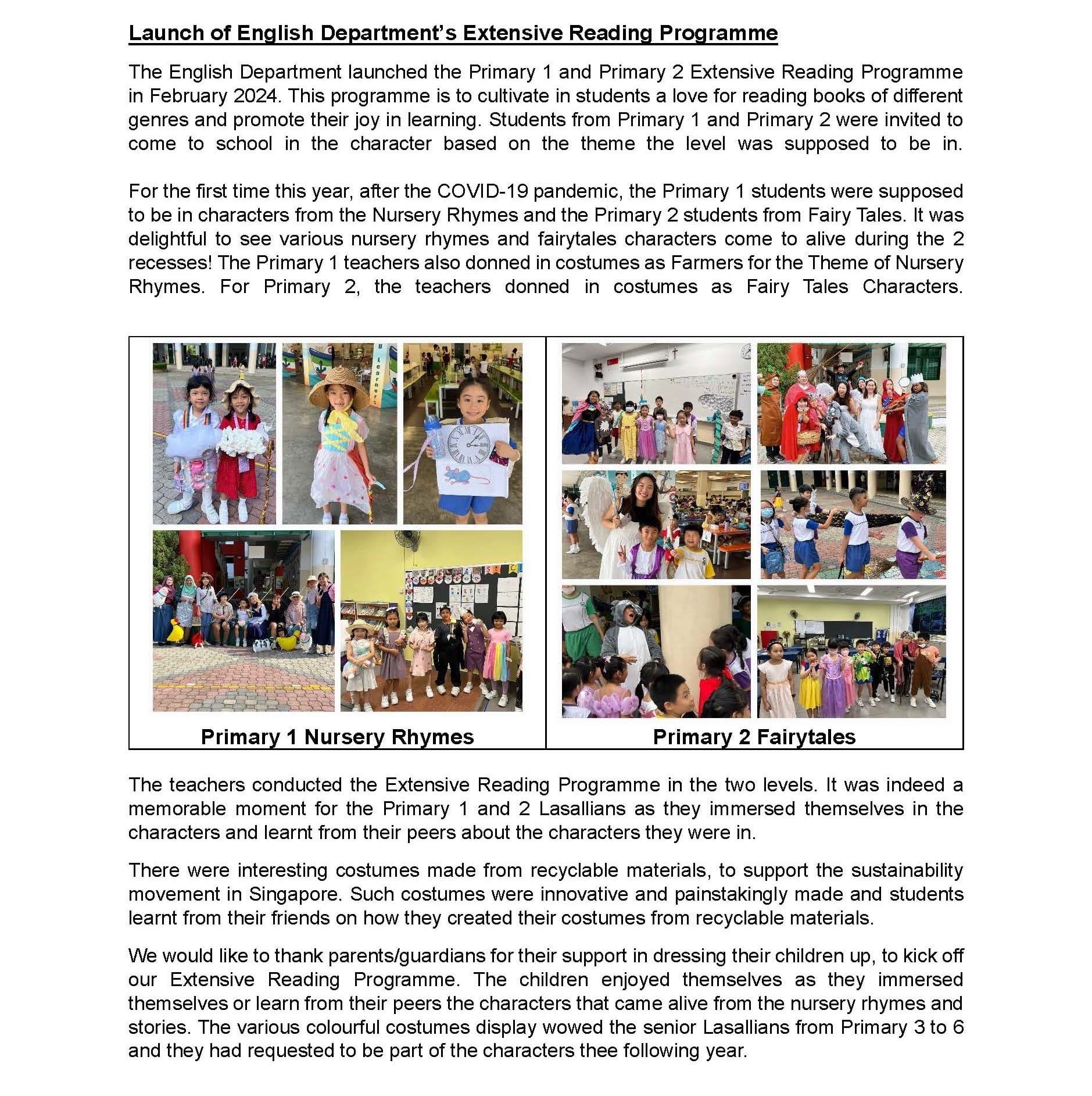 Students and teachers in nursery rhyme and fairytale costumes for an Extensive Reading Programme event.
