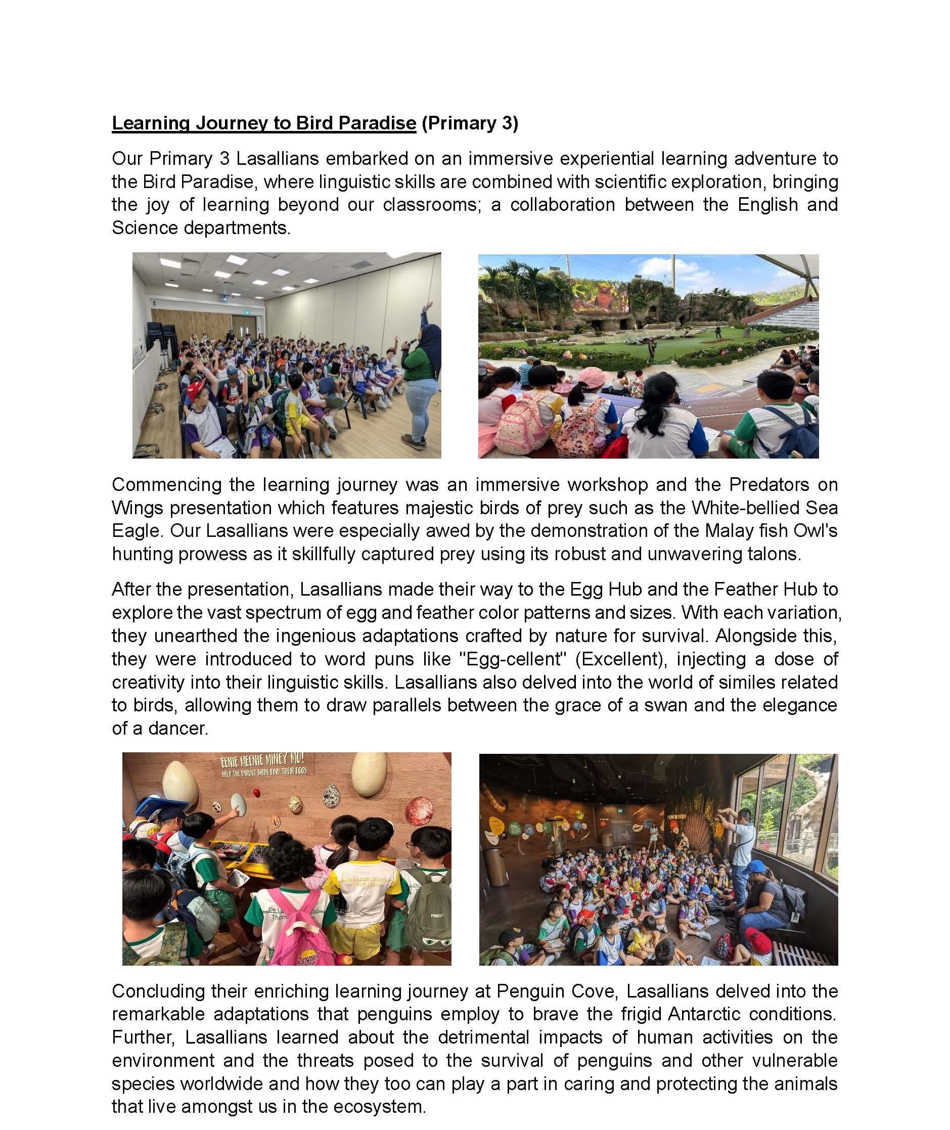 A school newsletter about Primary 3 students visiting Bird Paradise, with four photos of children at workshops and exhibits.