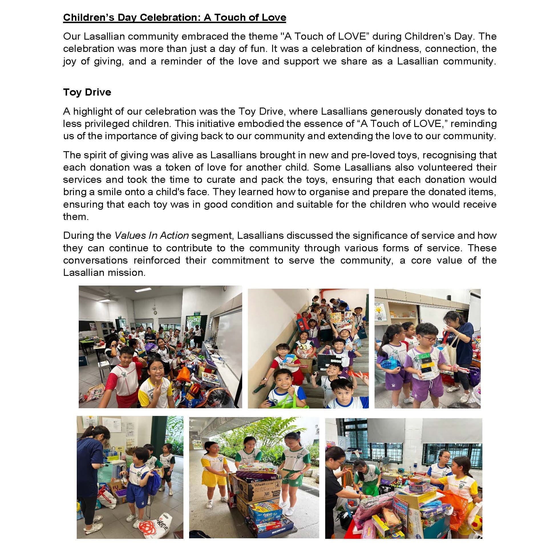 Article about a Children's Day toy drive with six photos of students collecting and sorting donated toys.