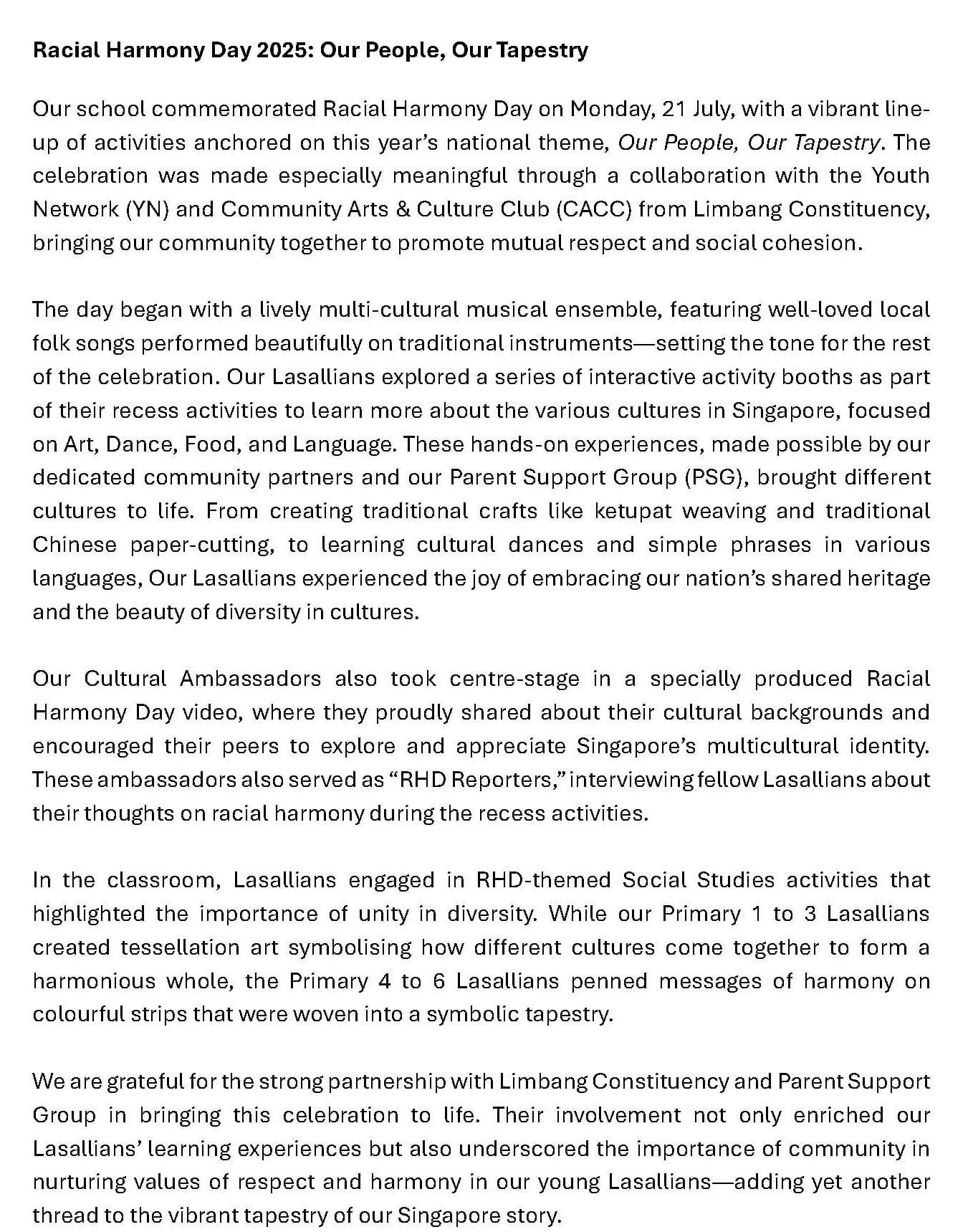 Text article titled Racial Harmony Day 2025: Our People, Our Tapestry describing school celebrations on 21 July.