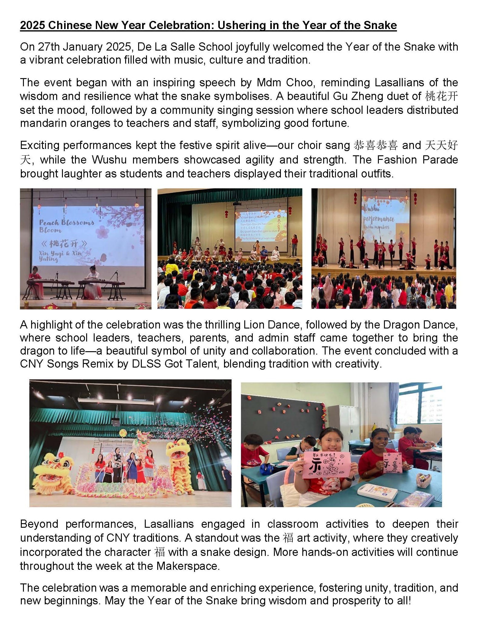 Newsletter about De La Salle School's 2025 Chinese New Year celebration with five photos of performances and activities.
