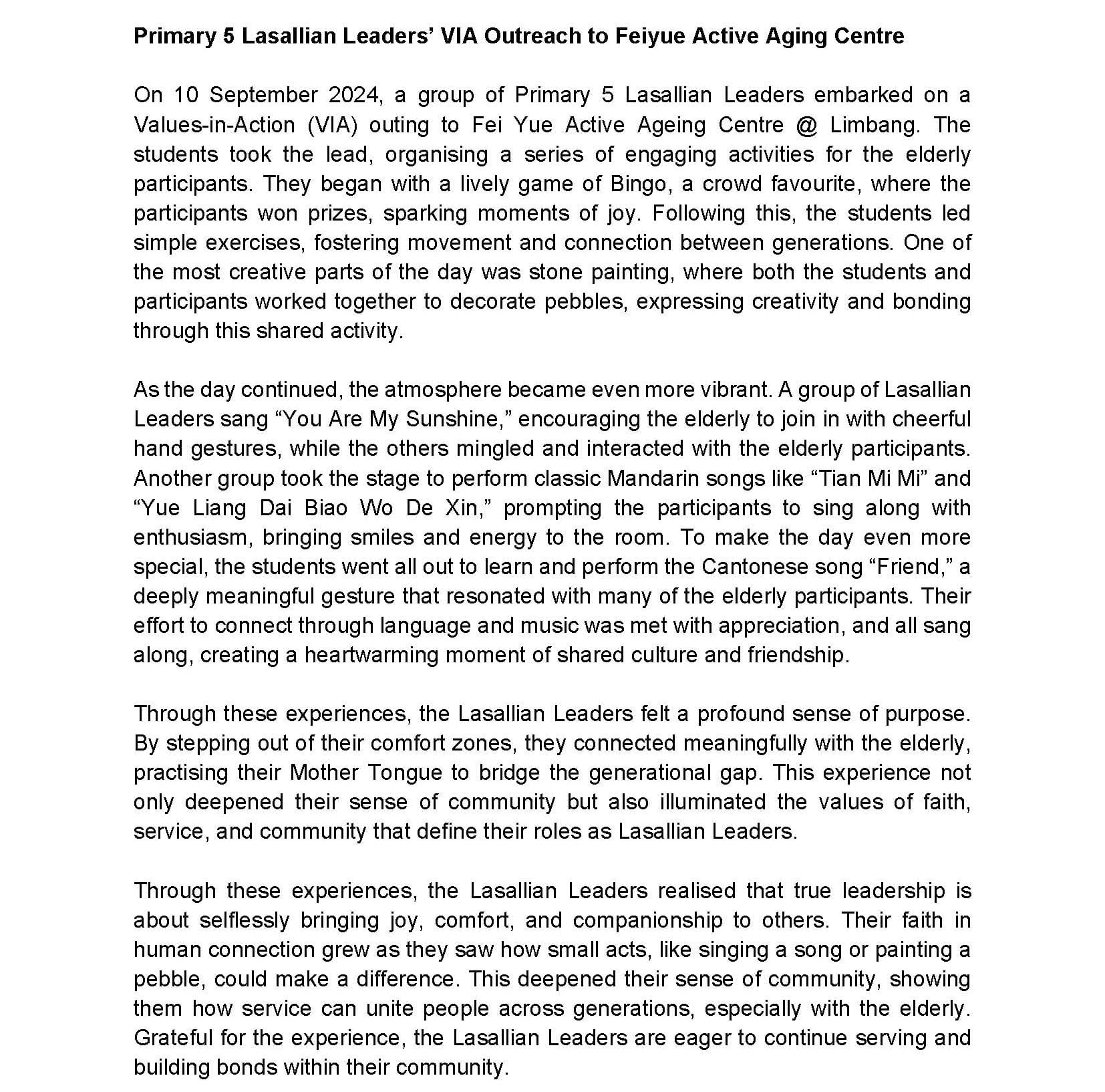 Text article titled Primary 5 Lasallian Leaders VIA Outreach to Feiyue Active Aging Centre dated 10 September 2024.