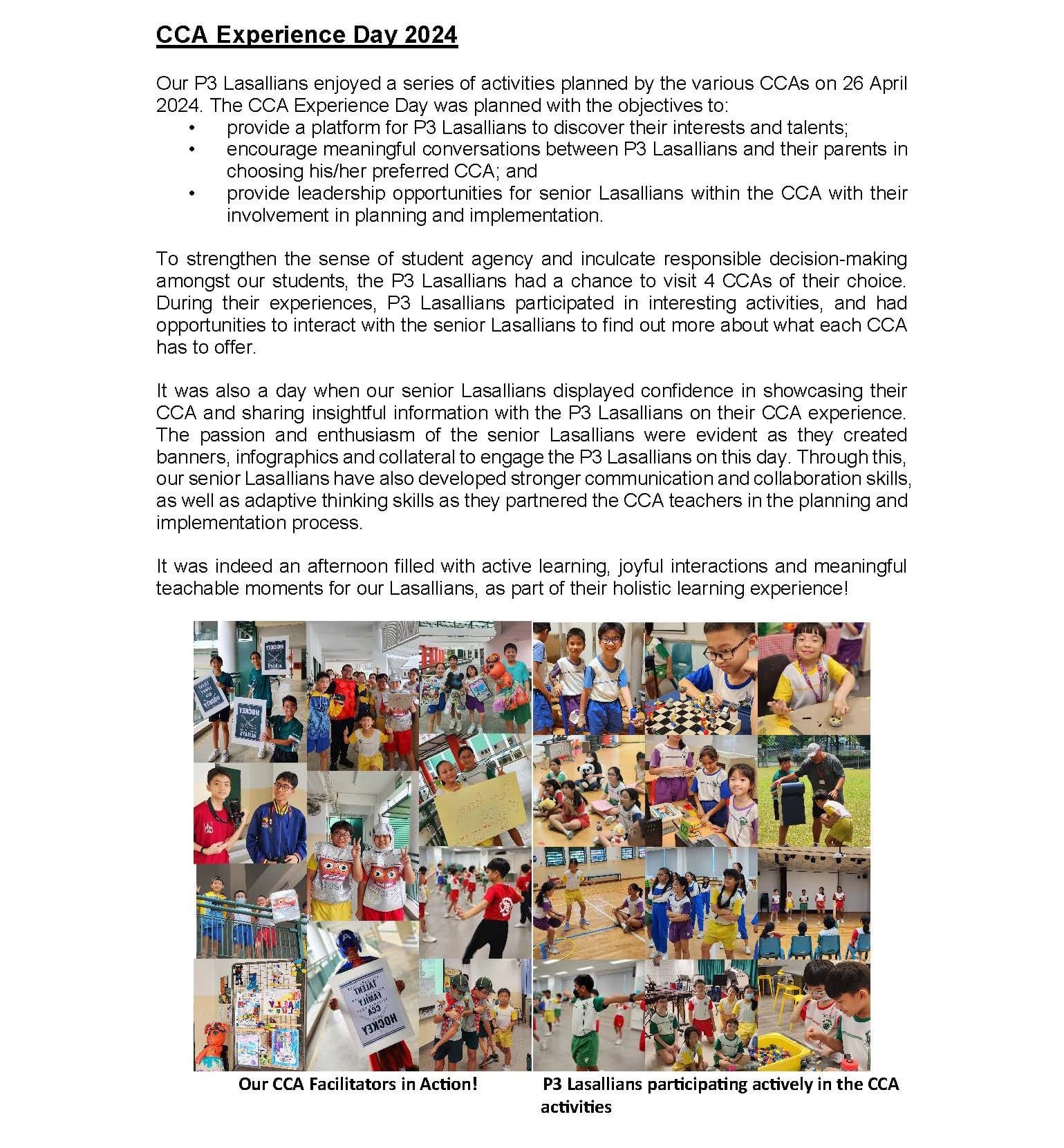 A newsletter titled CCA Experience Day 2024 with text and a collage of school children doing various activities.