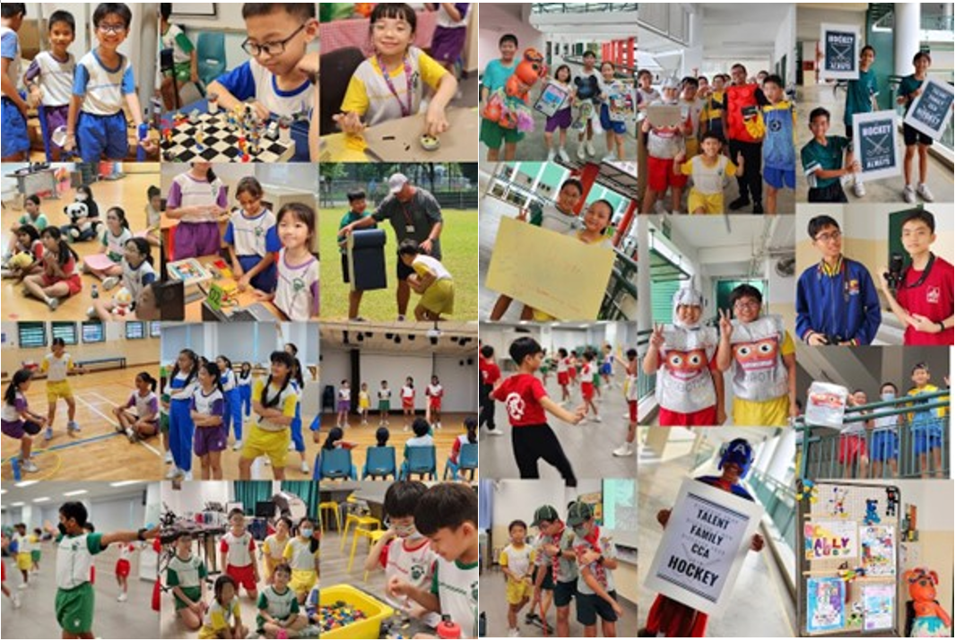 A collage of school children in uniforms doing various activities including chess, crafts, sports, and costumes.
