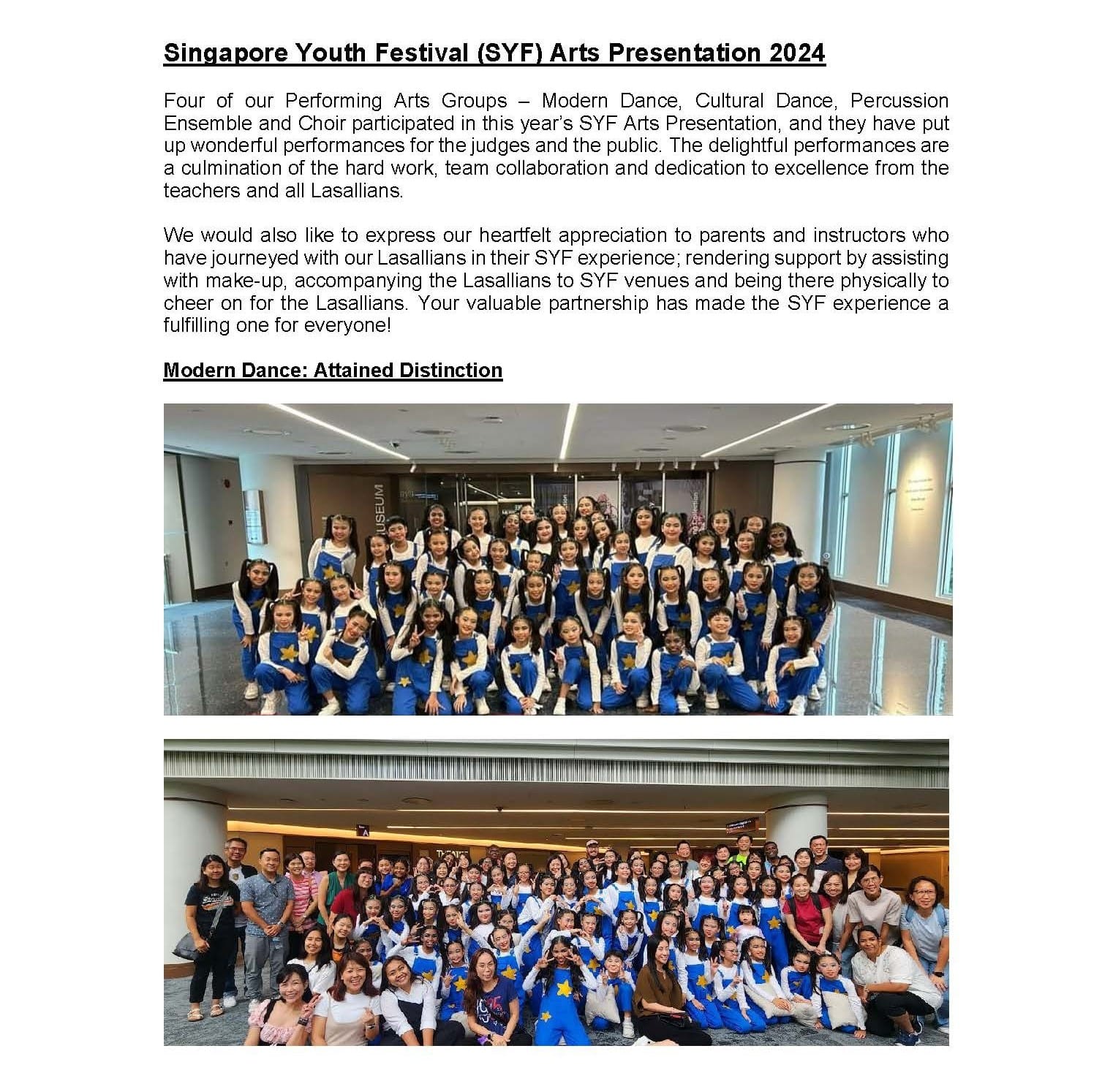 A newsletter about SYF Arts Presentation 2024 with two group photos of students in blue and white costumes.
