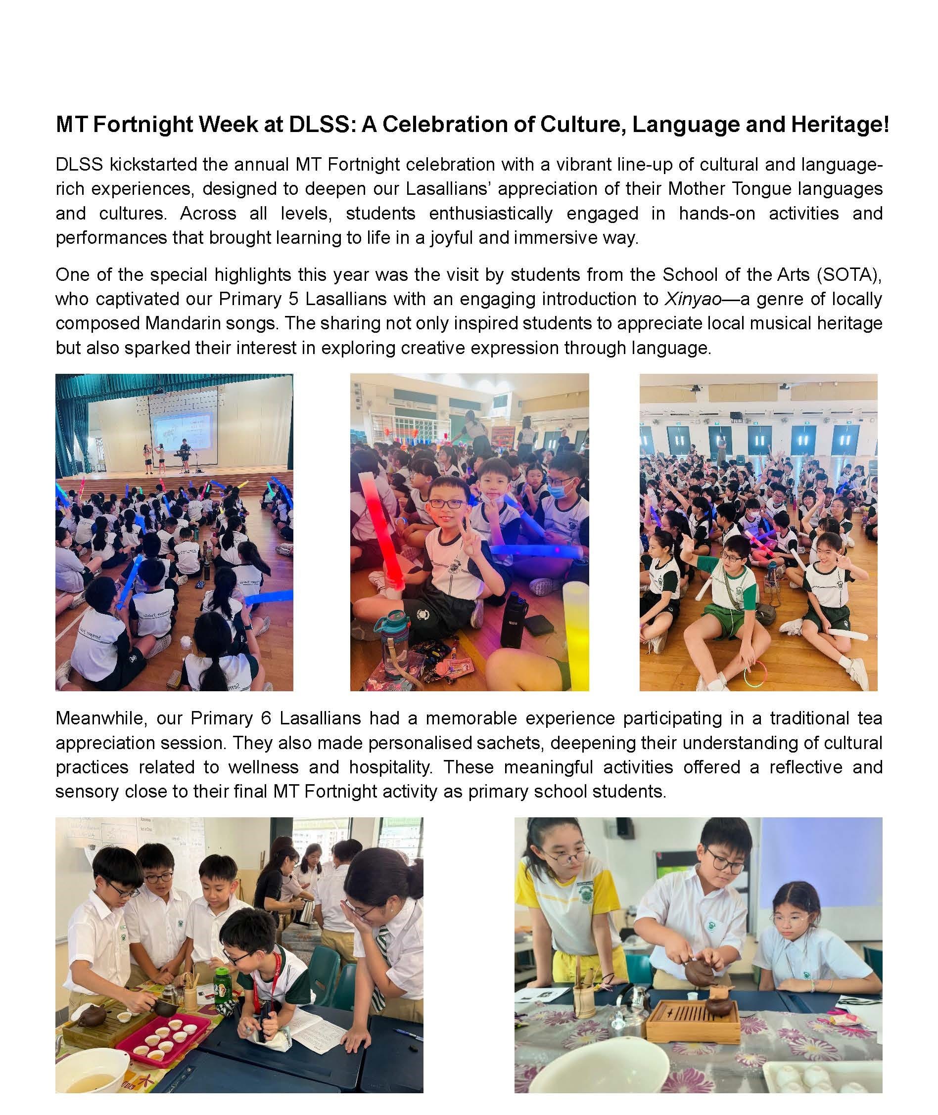 Article about DLSS MT Fortnight Week showing students at cultural events and a tea appreciation activity.