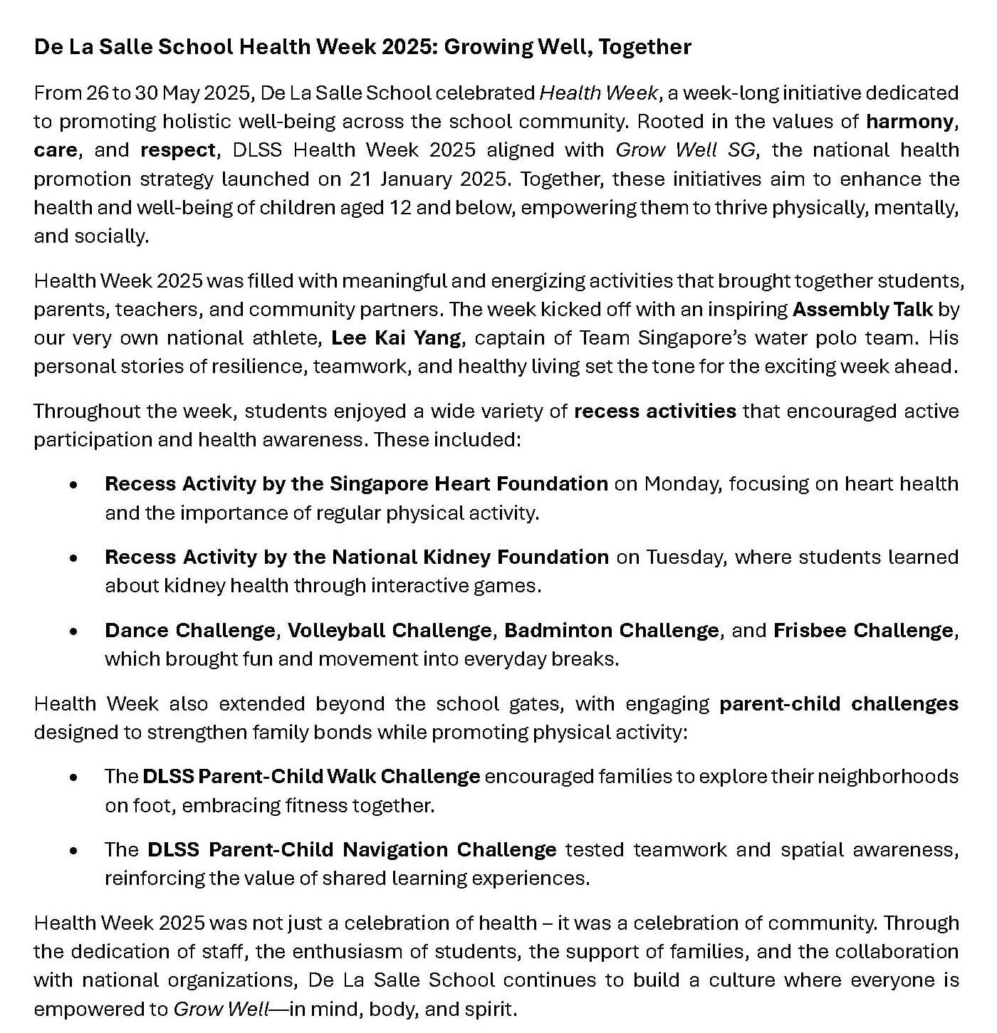 Text article about De La Salle School Health Week 2025, describing activities and challenges held from 26 to 30 May.