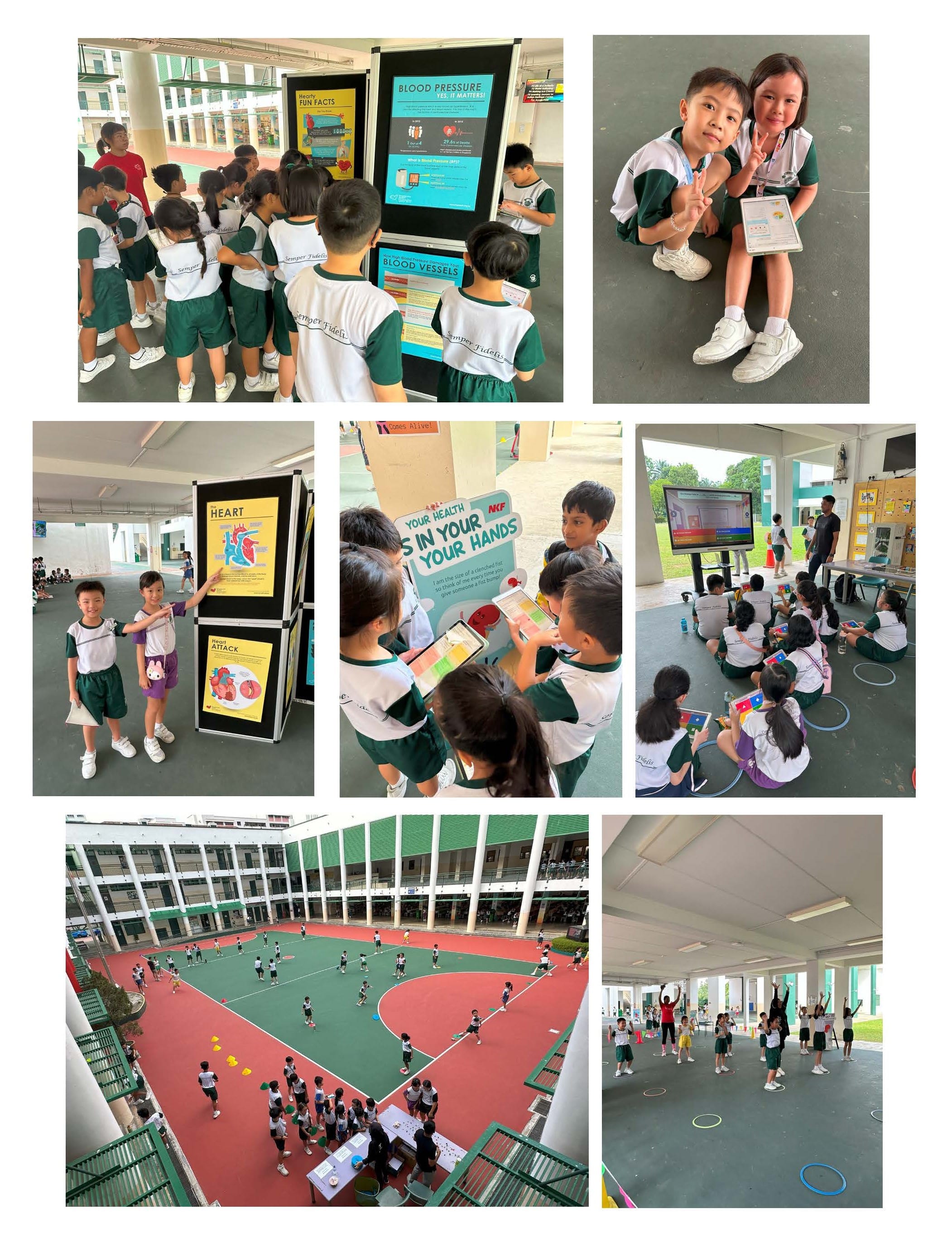 School children in uniforms participate in heart health education activities, viewing displays and exercising outdoors.