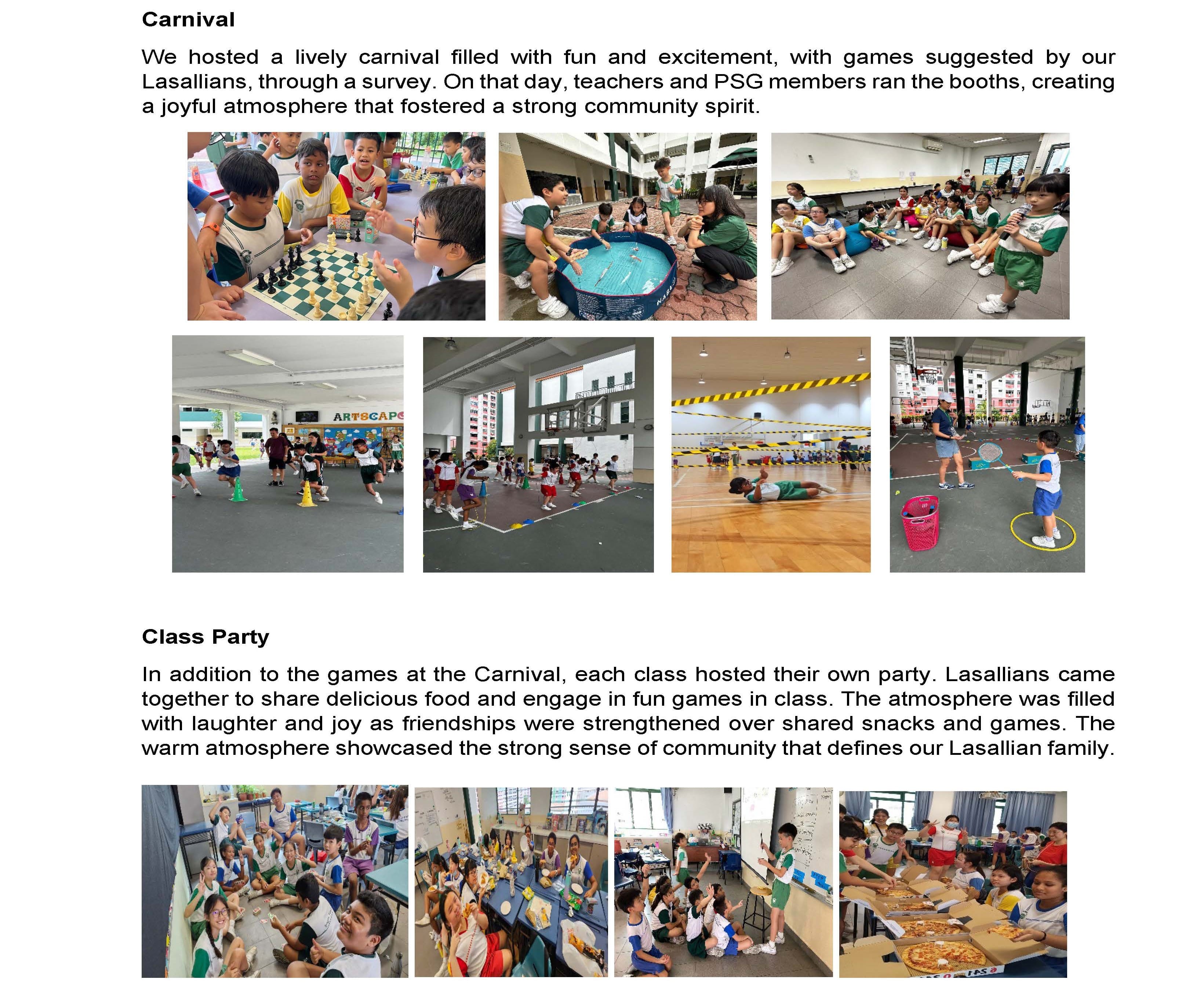 Students in green uniforms playing carnival games like chess and water games, and having class parties with food.