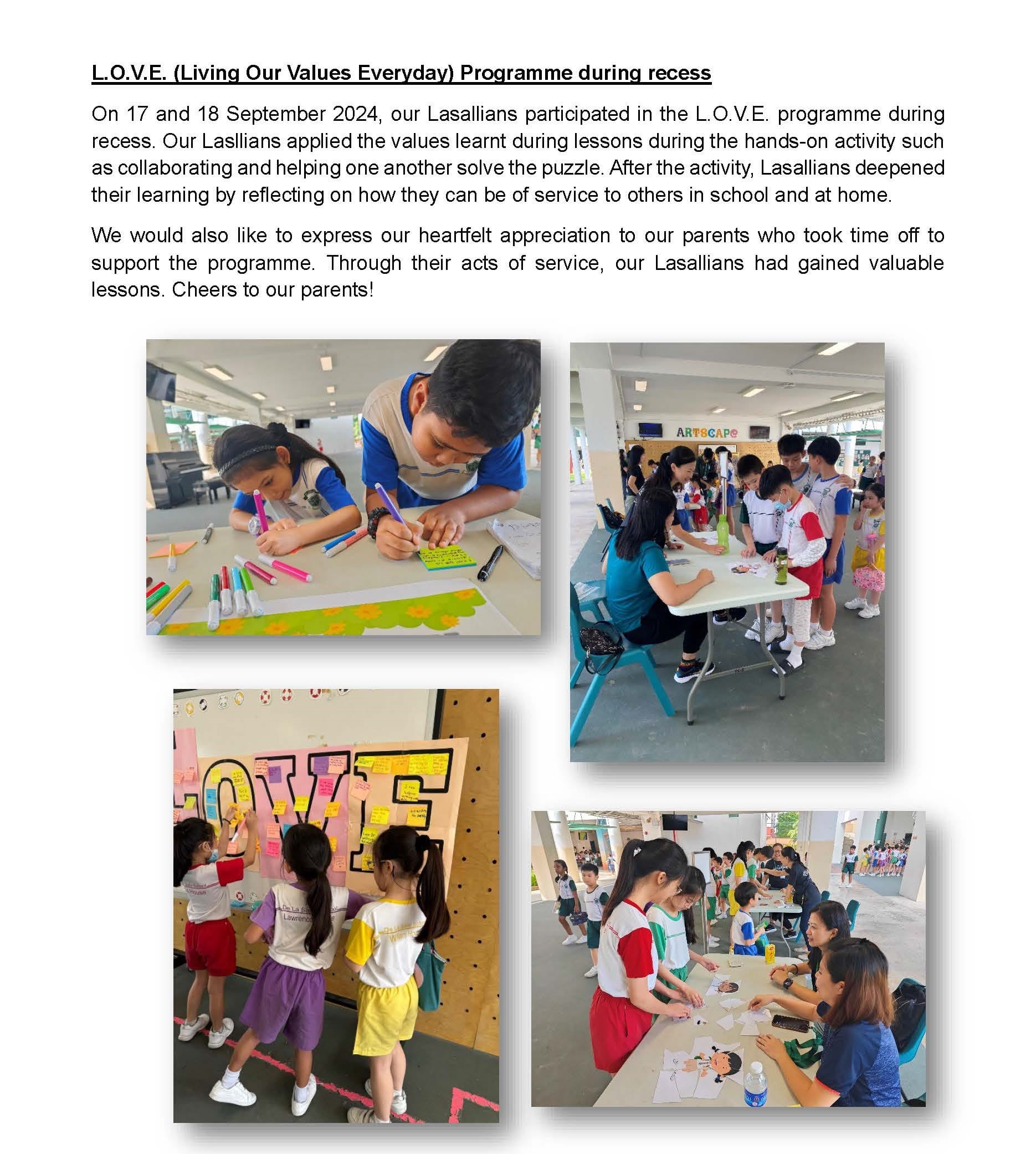 A school newsletter about the L.O.V.E. Programme showing four photos of students doing hands-on activities with adults.