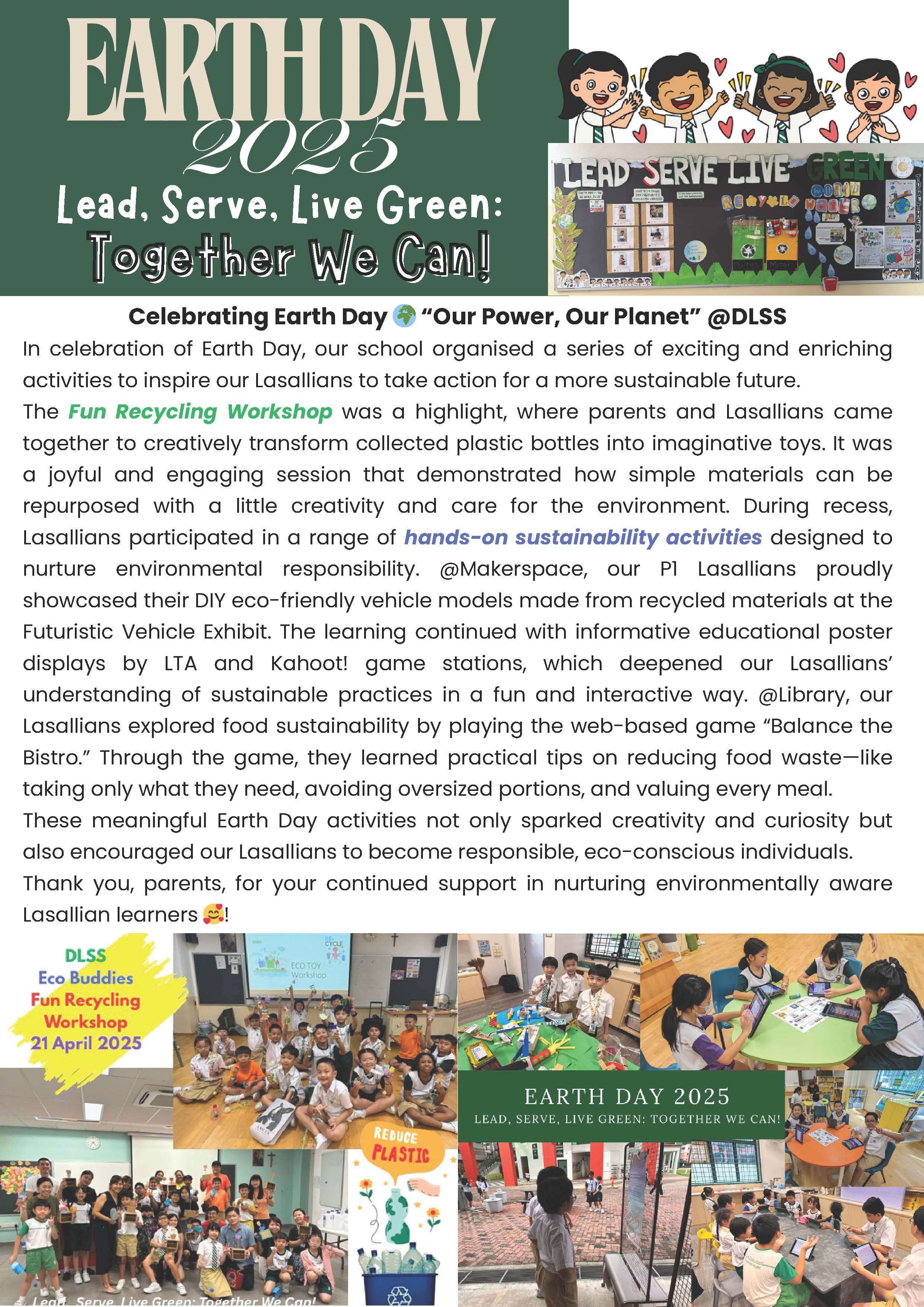Earth Day 2025 school newsletter titled Lead, Serve, Live Green with student photos and recycling workshop activities.
