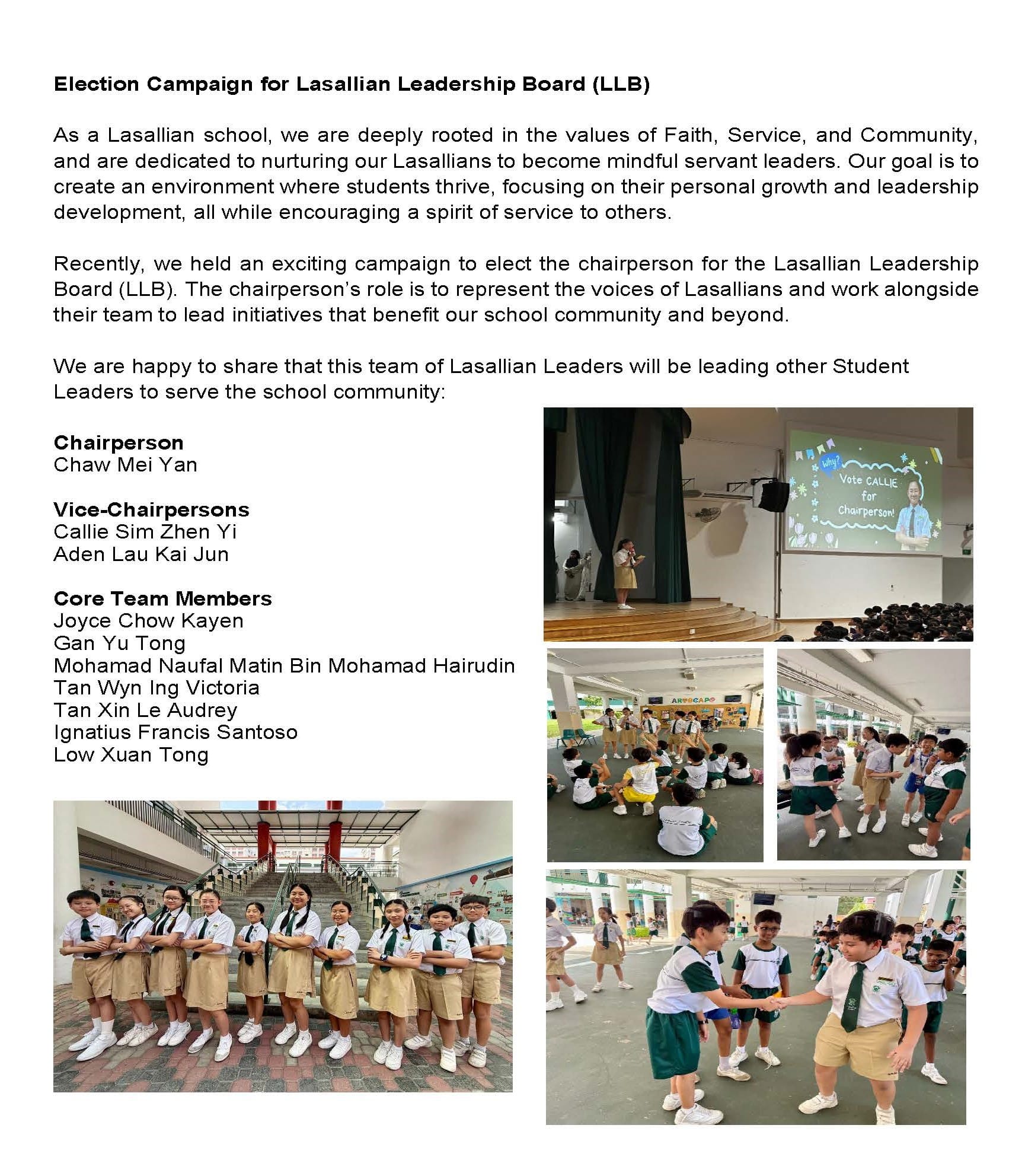 A school newsletter about the Lasallian Leadership Board election, with photos of students in uniforms campaigning and posing together.