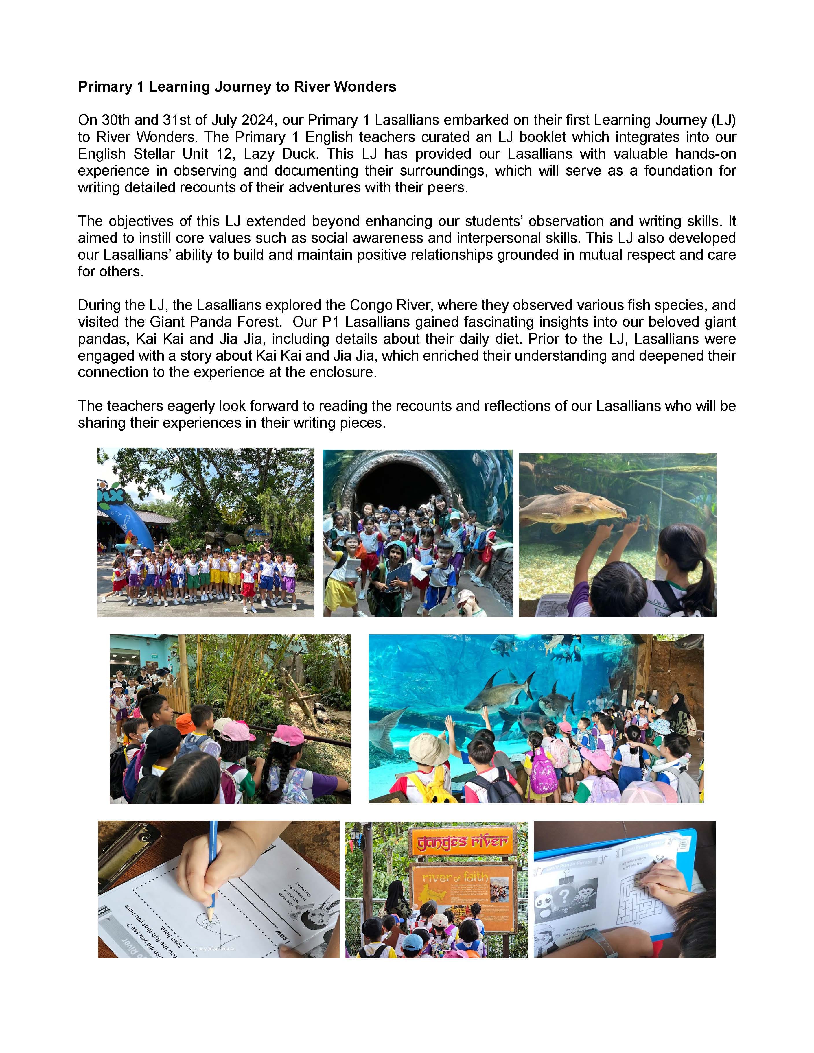 A school newsletter about Primary 1 students visiting River Wonders, with photos of children at exhibits and writing activities.