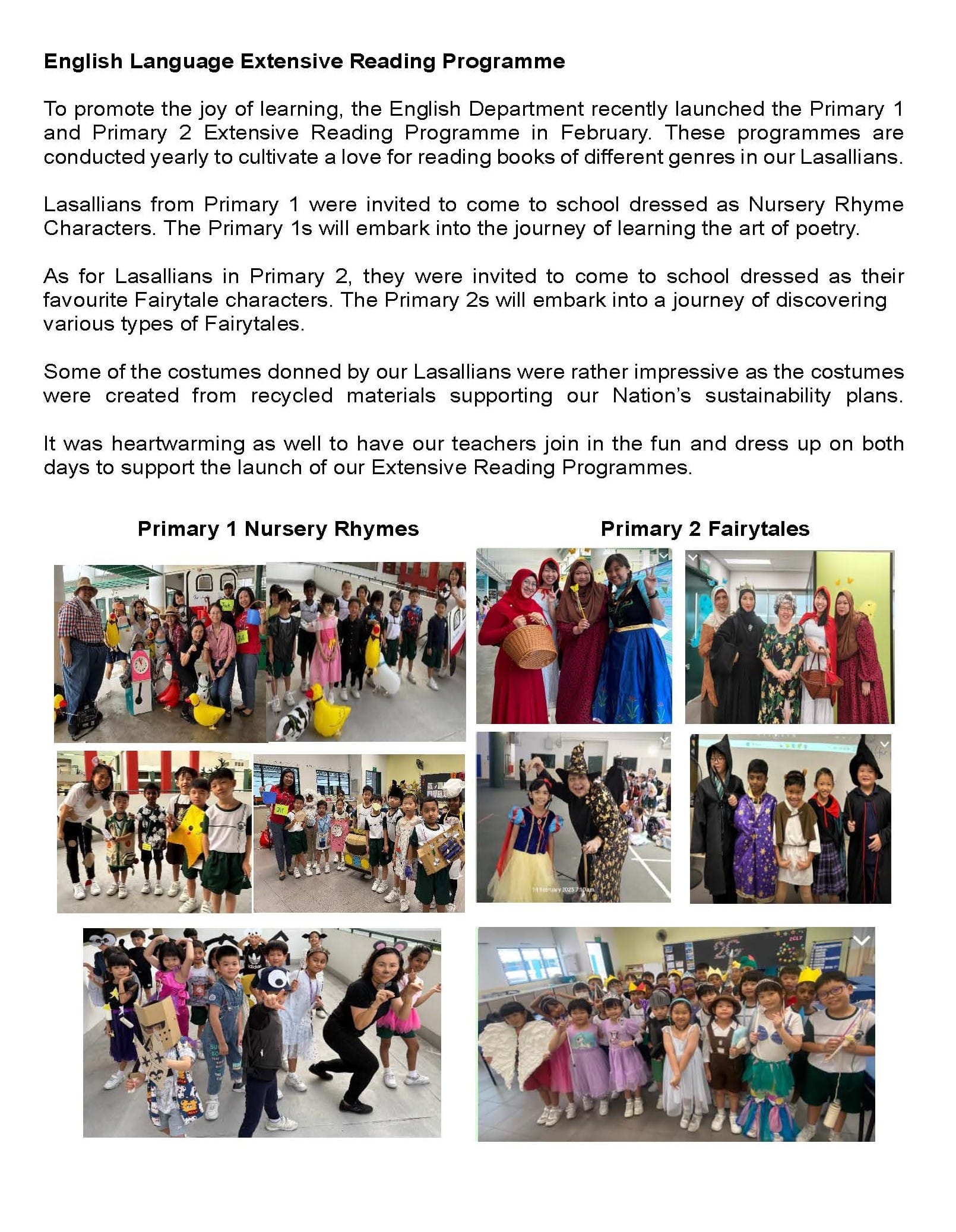 A school newsletter about an Extensive Reading Programme with photos of students and teachers in nursery rhyme and fairytale costumes.
