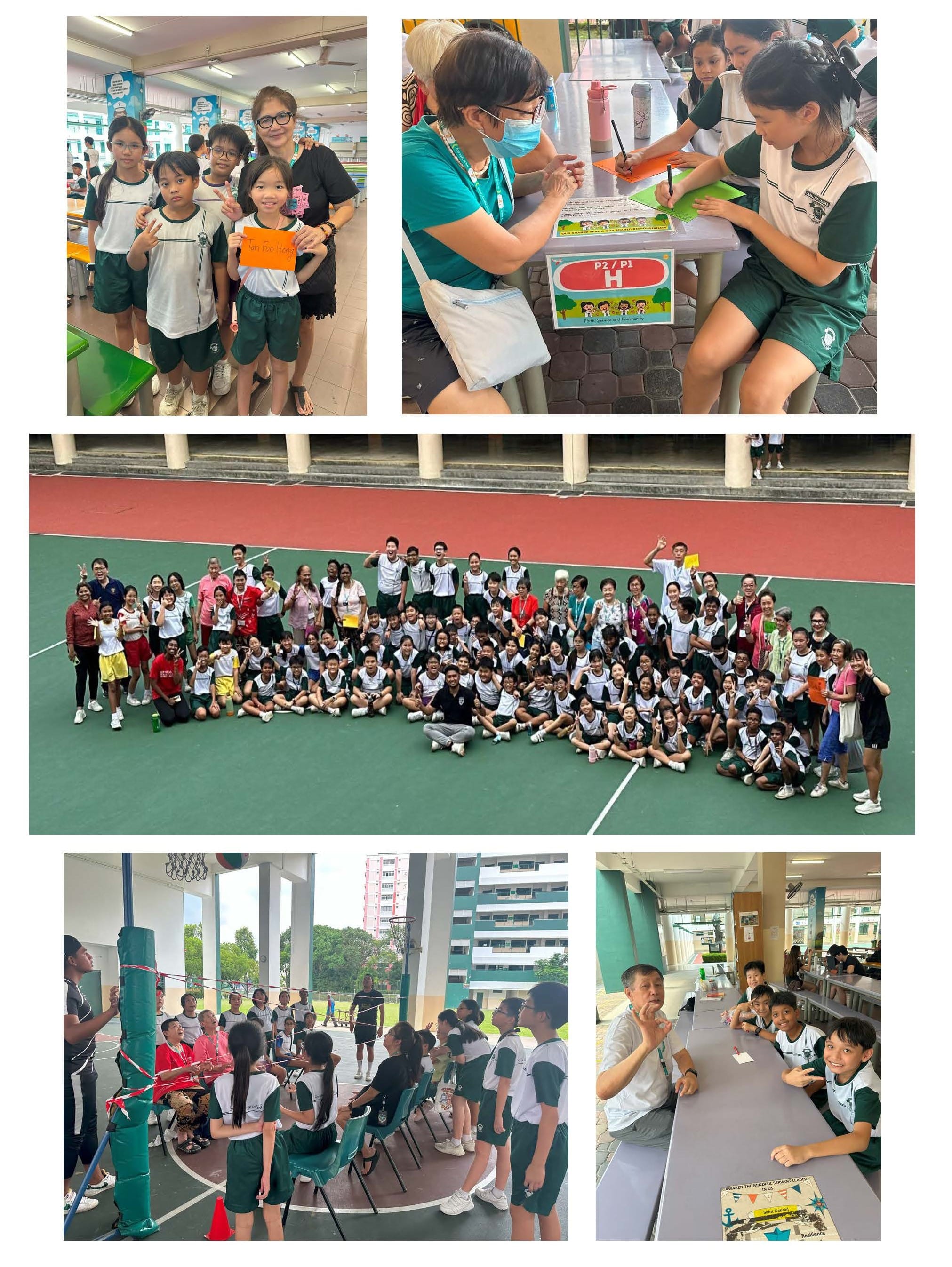School children and teachers in green uniforms participate in various indoor and outdoor group activities on a sports court.