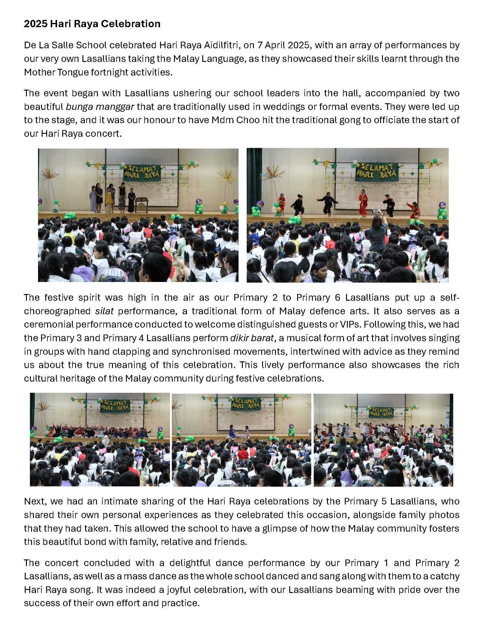 Article about 2025 Hari Raya Celebration at De La Salle School with five photos of student performances in a hall.