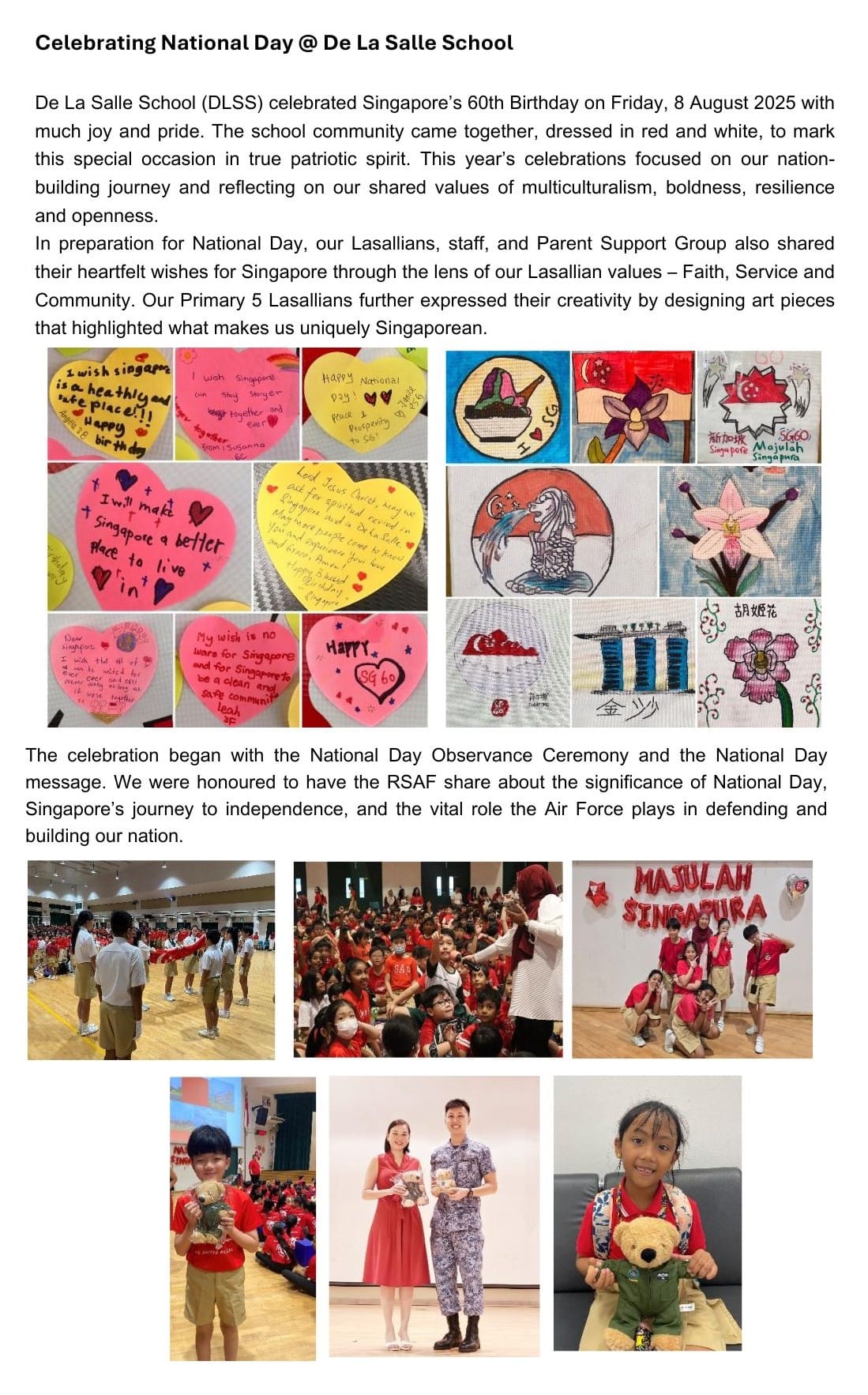 A school newsletter about Singapore's National Day celebrations with student art, heart-shaped wishes, and photos of students in red and white.