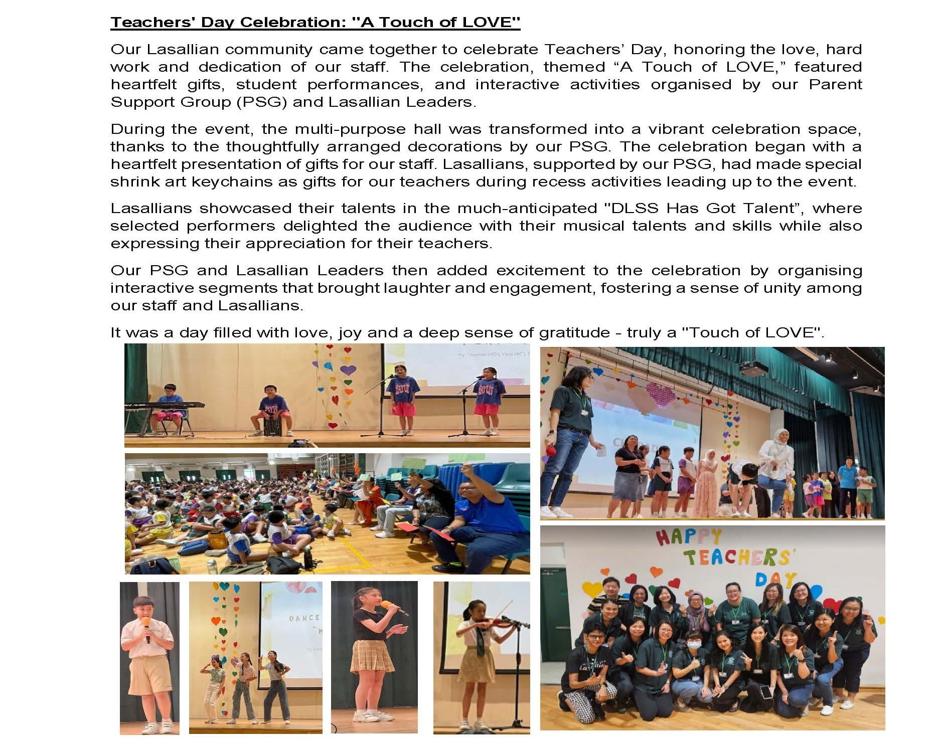 Teachers' Day celebration collage showing student performances, a large seated audience, and a group photo in front of a Happy Teachers' Day sign.
