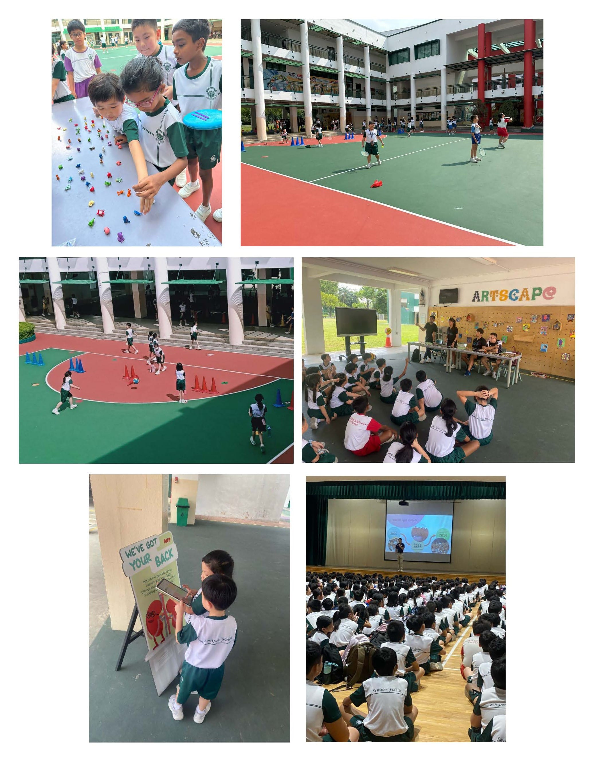 Six photos of school children in uniforms doing activities: outdoor sports, a classroom session, an assembly, and a display board.