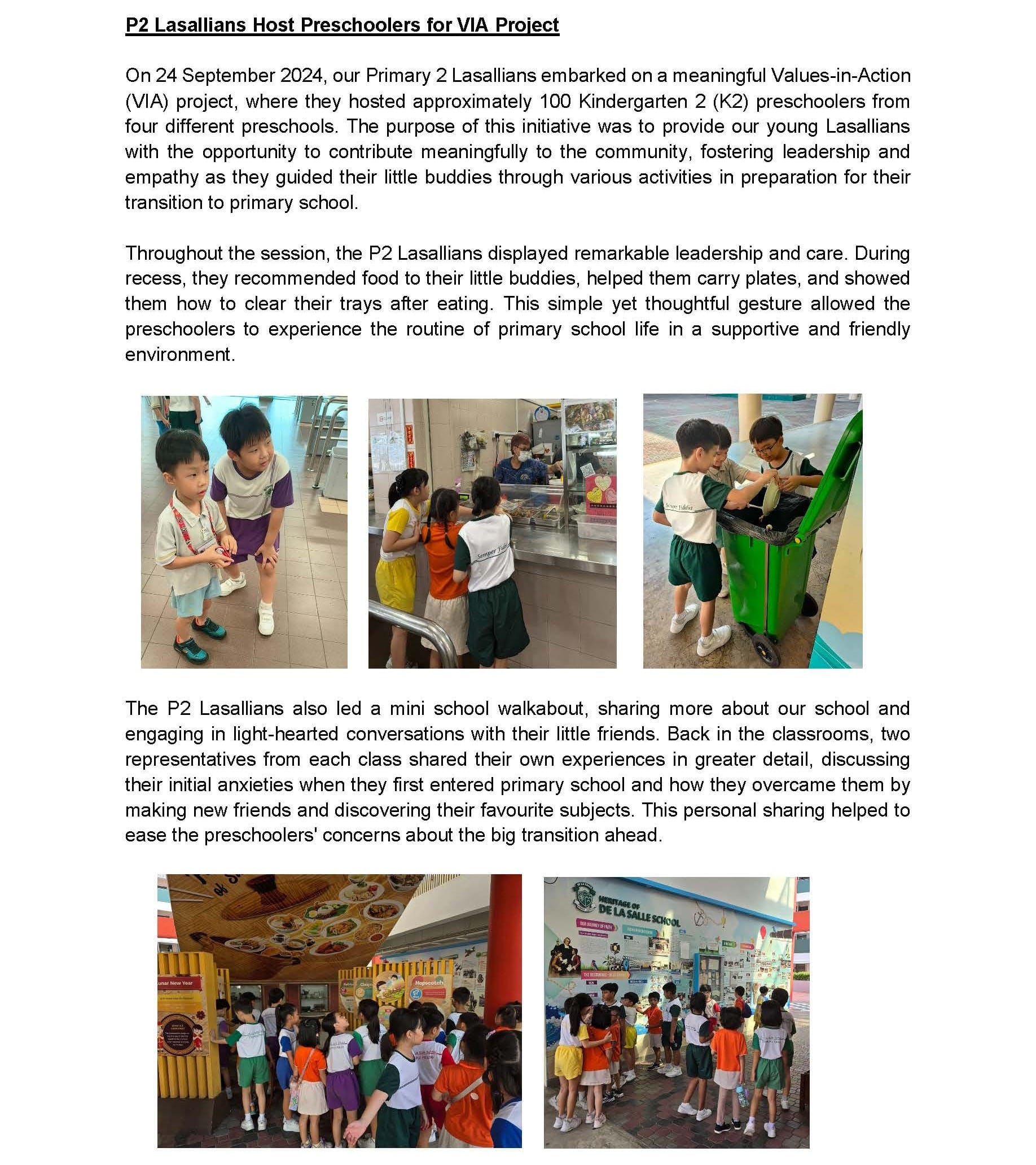 Article about P2 students hosting preschoolers, with photos of children at a canteen and school walkabout.
