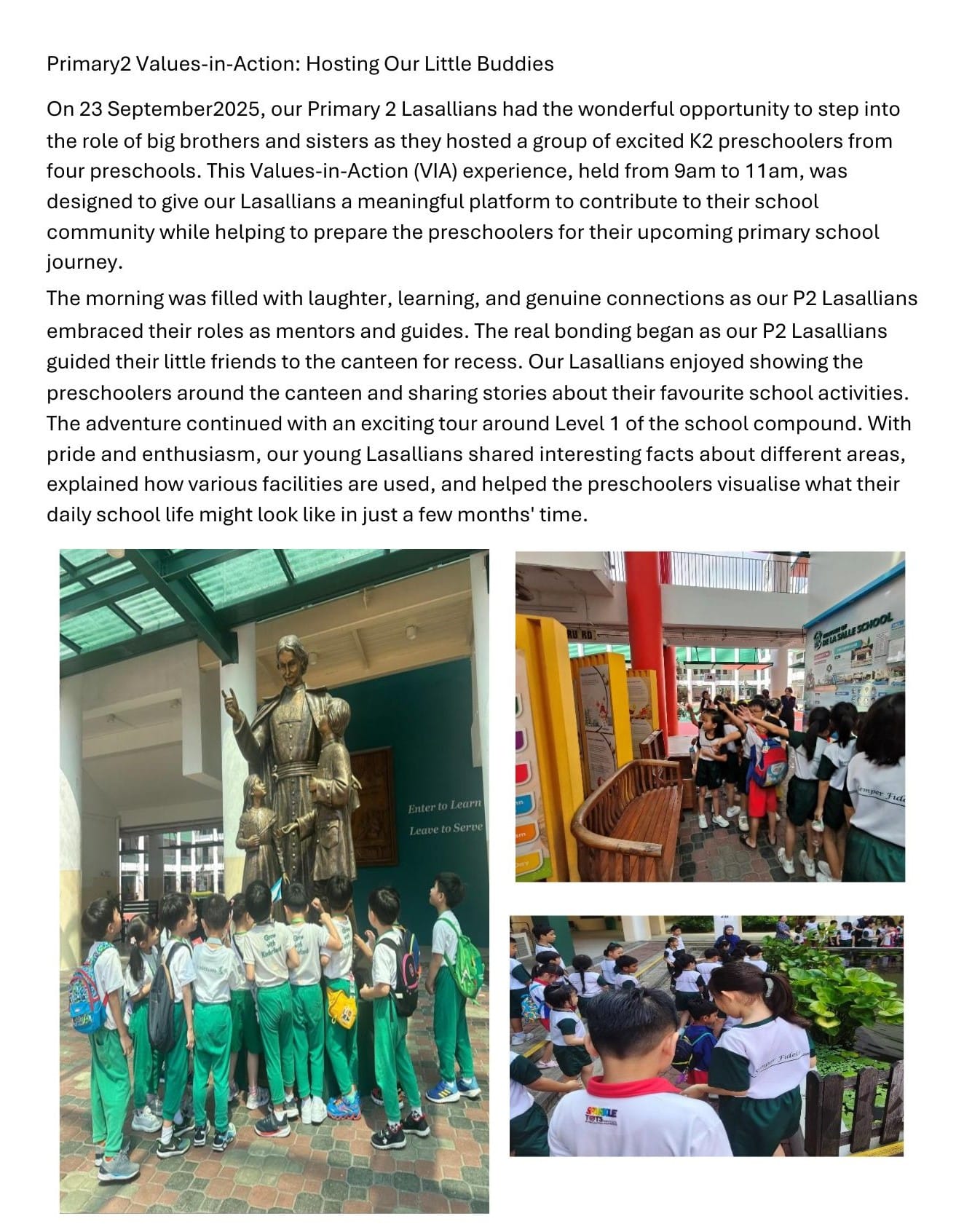 Article about Primary 2 students hosting preschoolers, with three photos of children touring a school campus.