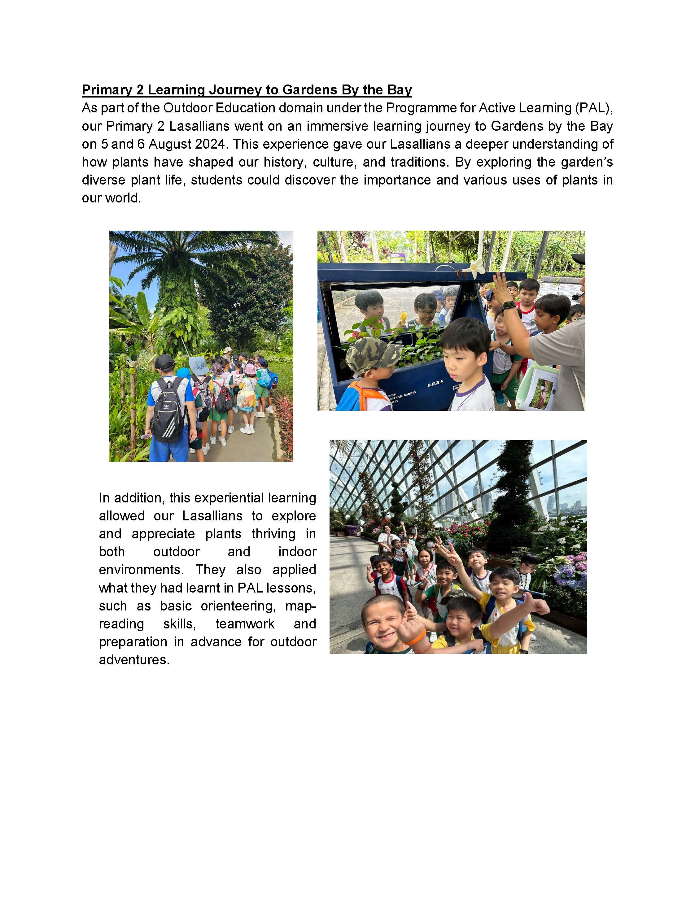 A school newsletter about Primary 2 students visiting Gardens by the Bay, with three photos of children exploring plants.