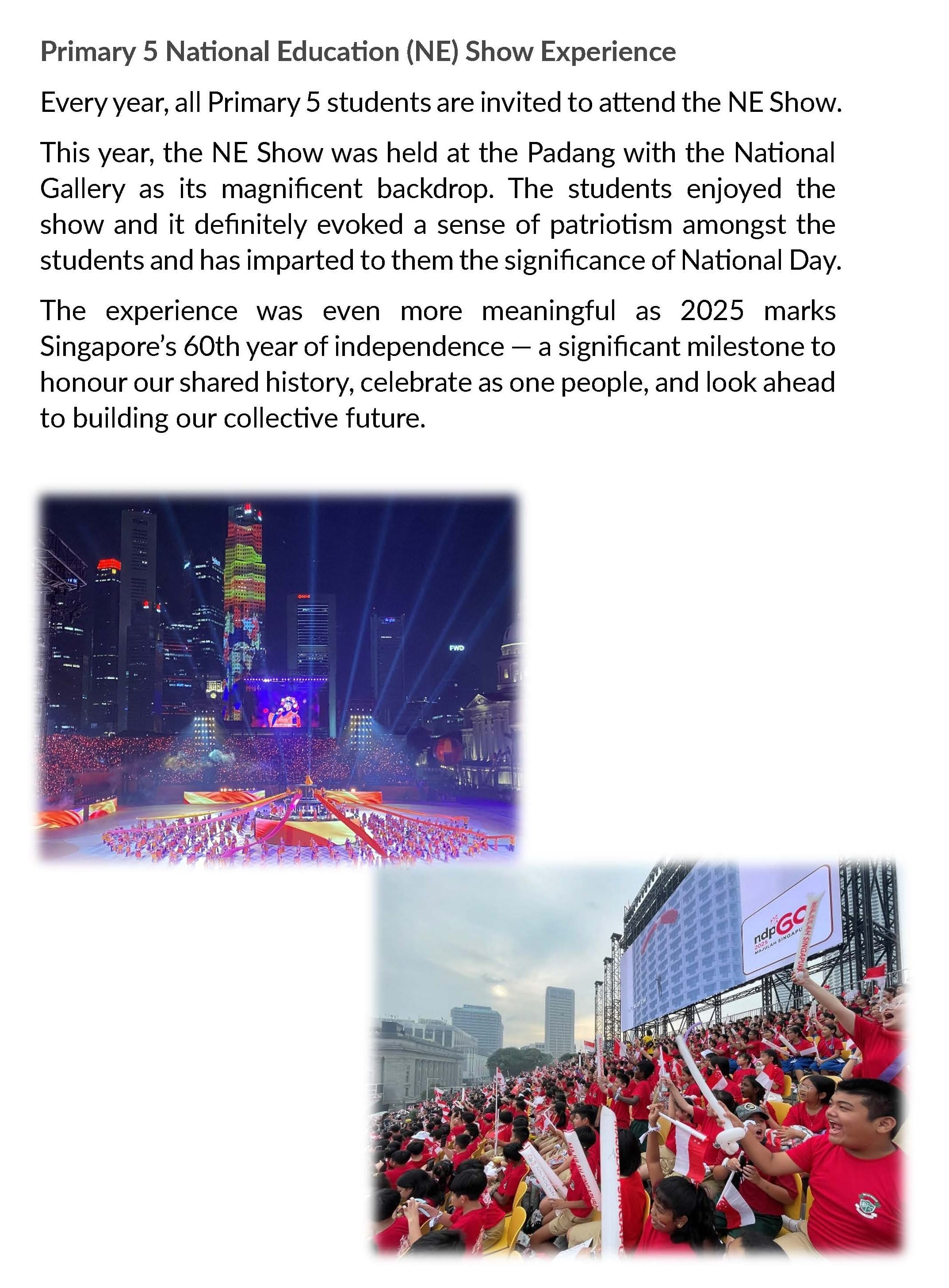 Article about Singapore's NE Show with two photos: a night parade at Padang and a crowd waving flags.